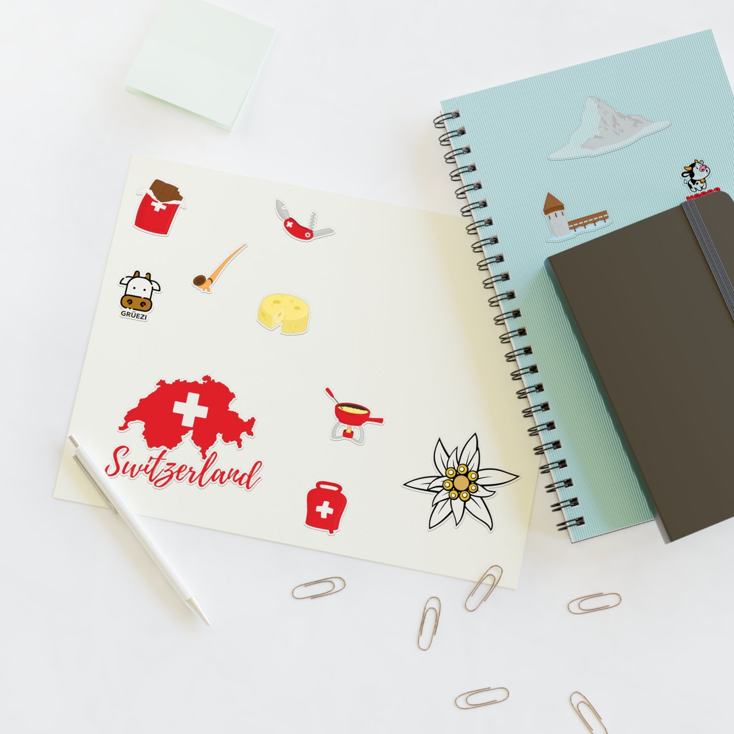 stickers featuring Swiss culture icons