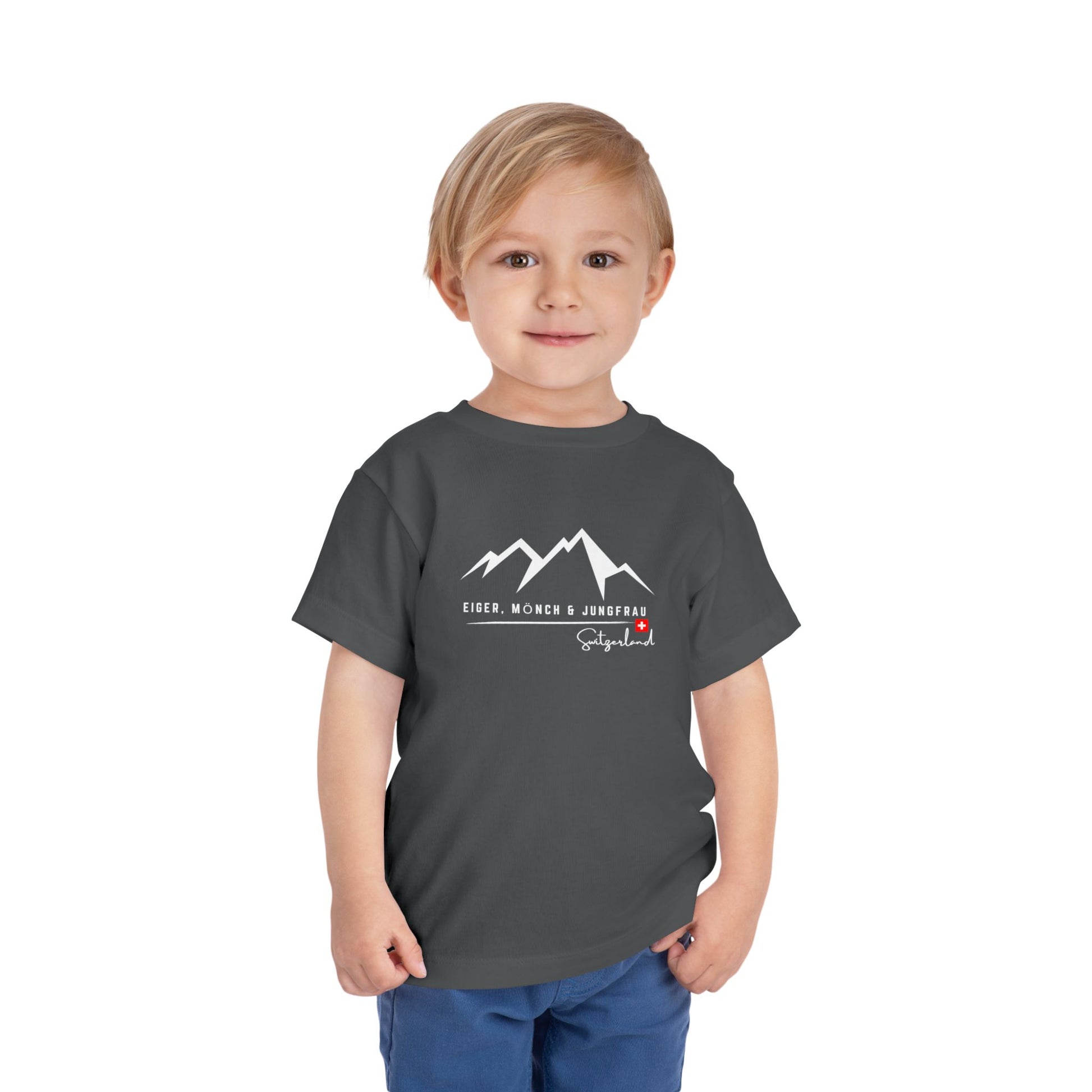 Cute toddler Swiss souvenir shirt with minimalist mountain illustration