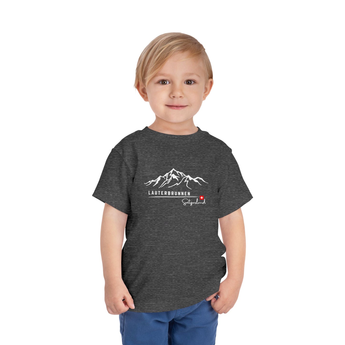 Dark heather gray toddler t-shirt featuring minimalist Lauterbrunnen mountain design.