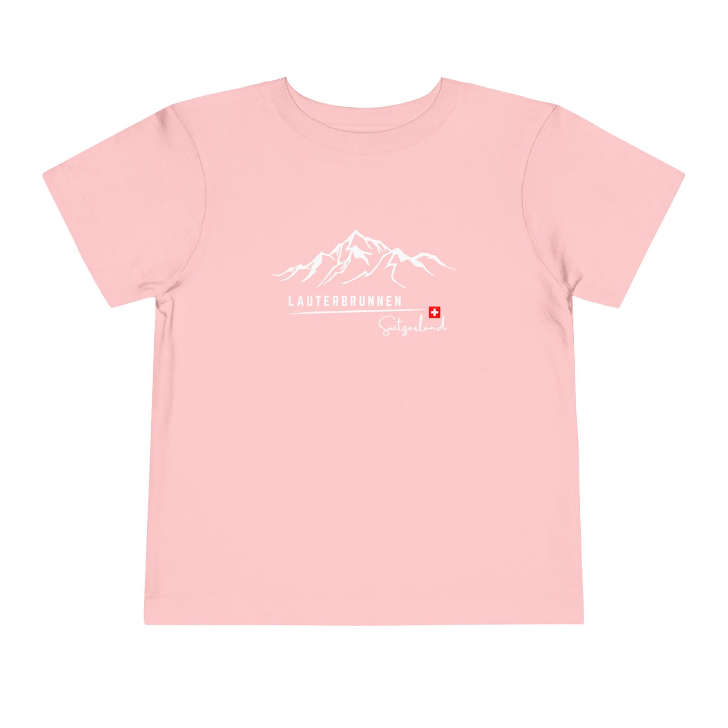 Pink toddler tee showcasing Swiss Alps adventure graphic