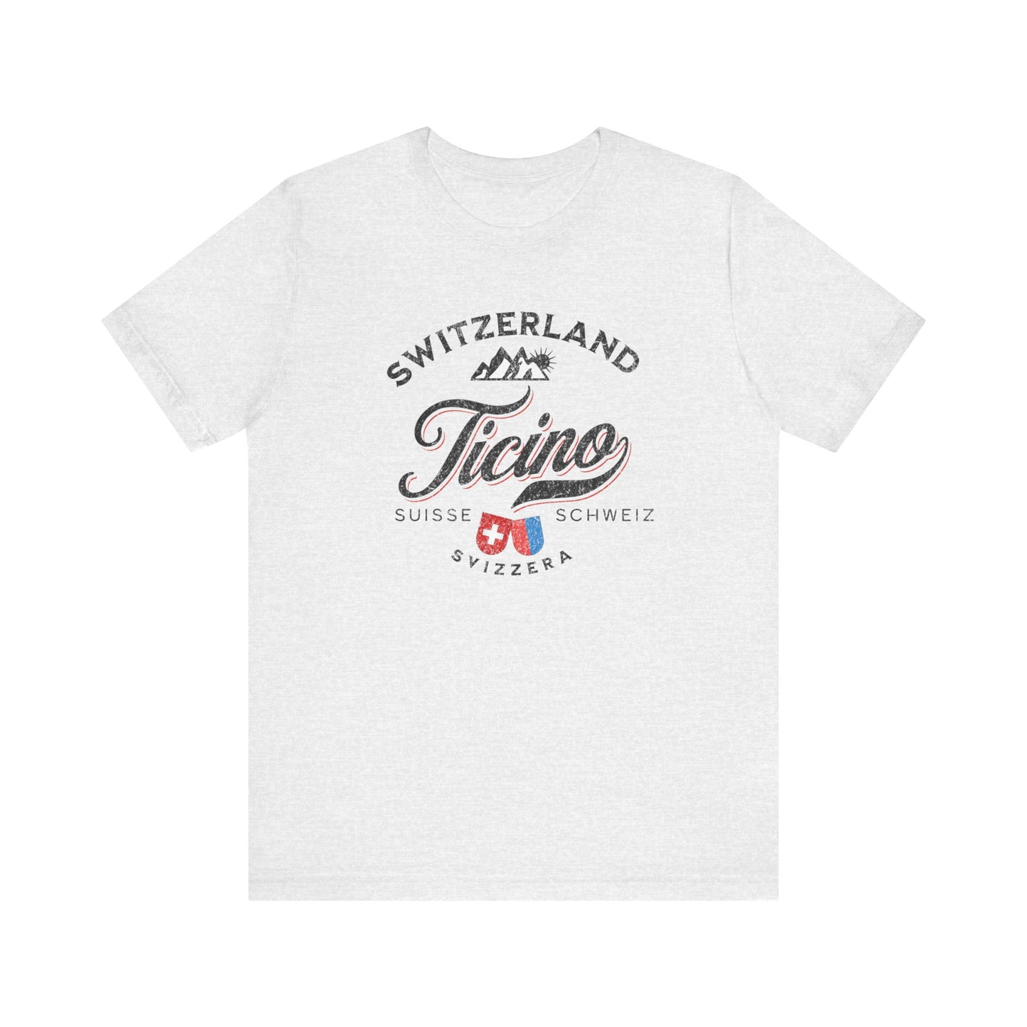 White Swiss Alps-themed Ticino T-shirt for mountain lovers.
