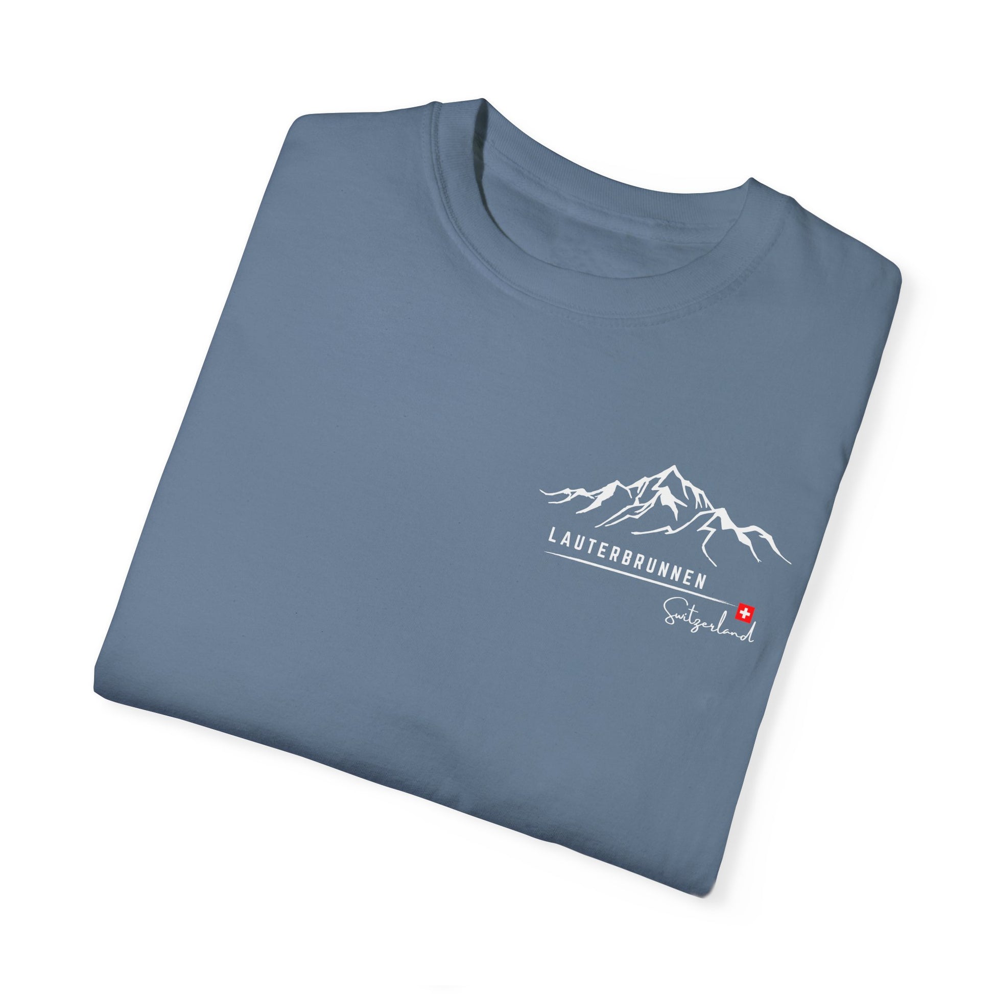Lauterbrunnen pocket design tee featuring Swiss mountain scenery