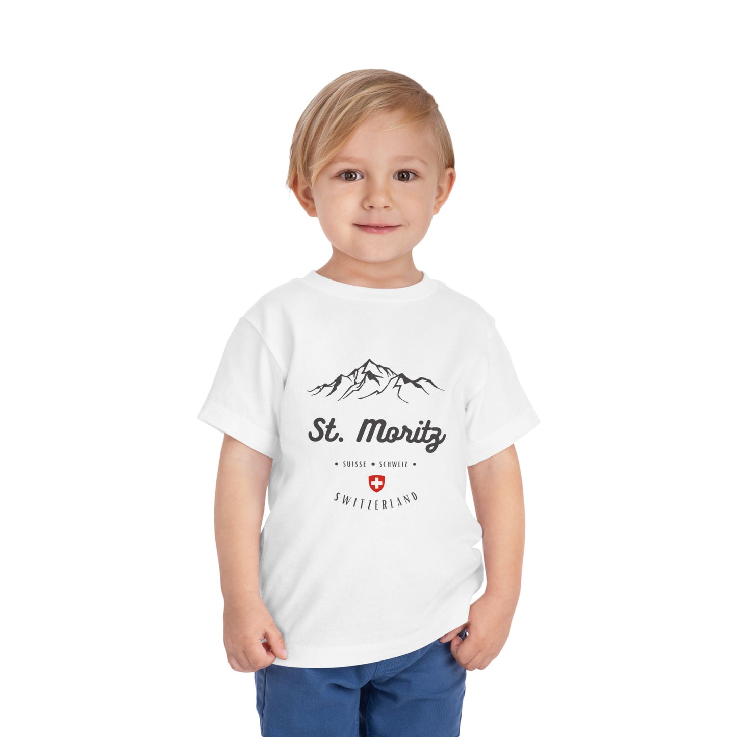 Comfortable toddler t-shirt with a St. Moritz ski resort design, great for adventure lovers