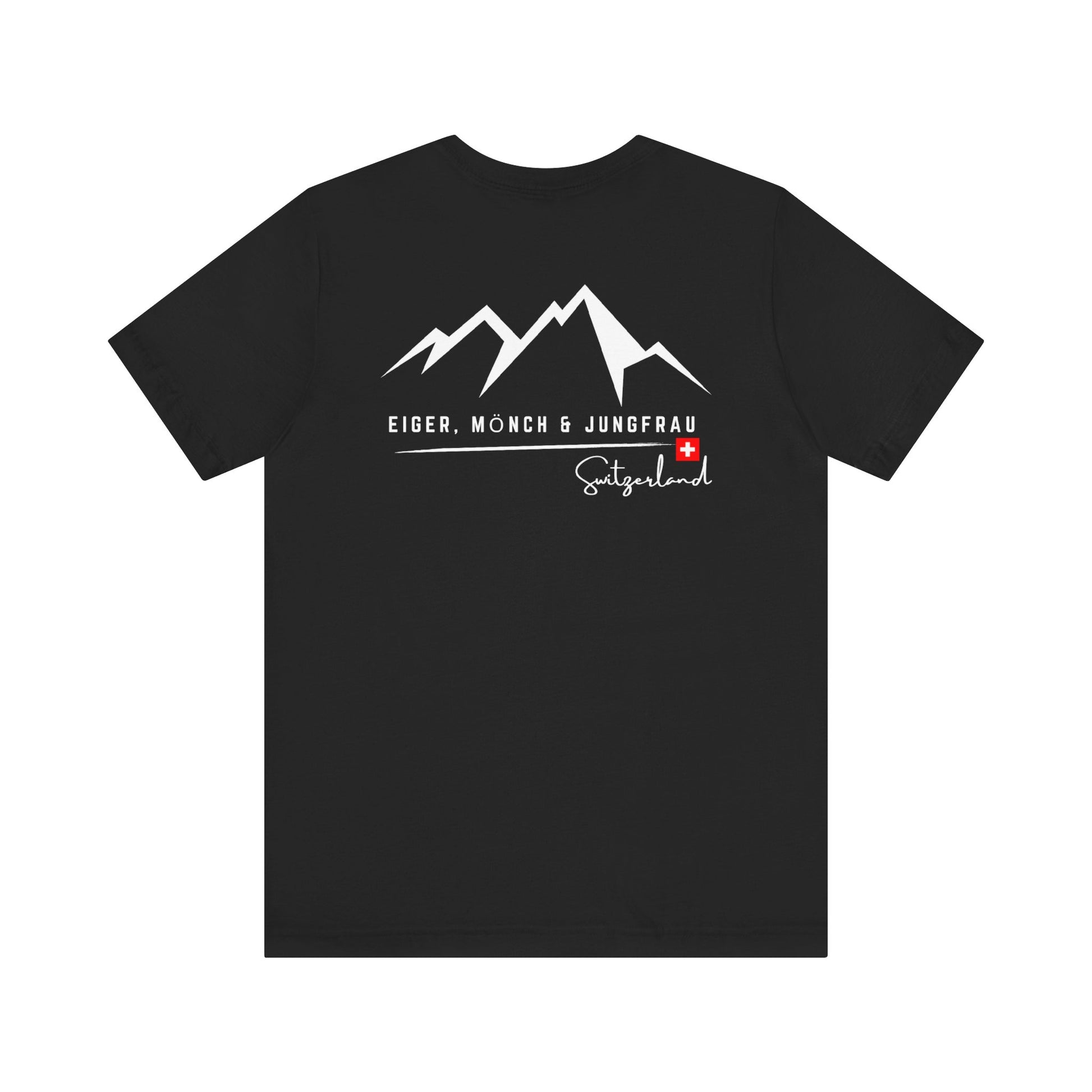 Back view of the Eiger, Mönch & Jungfrau T-Shirt with bold mountain graphic