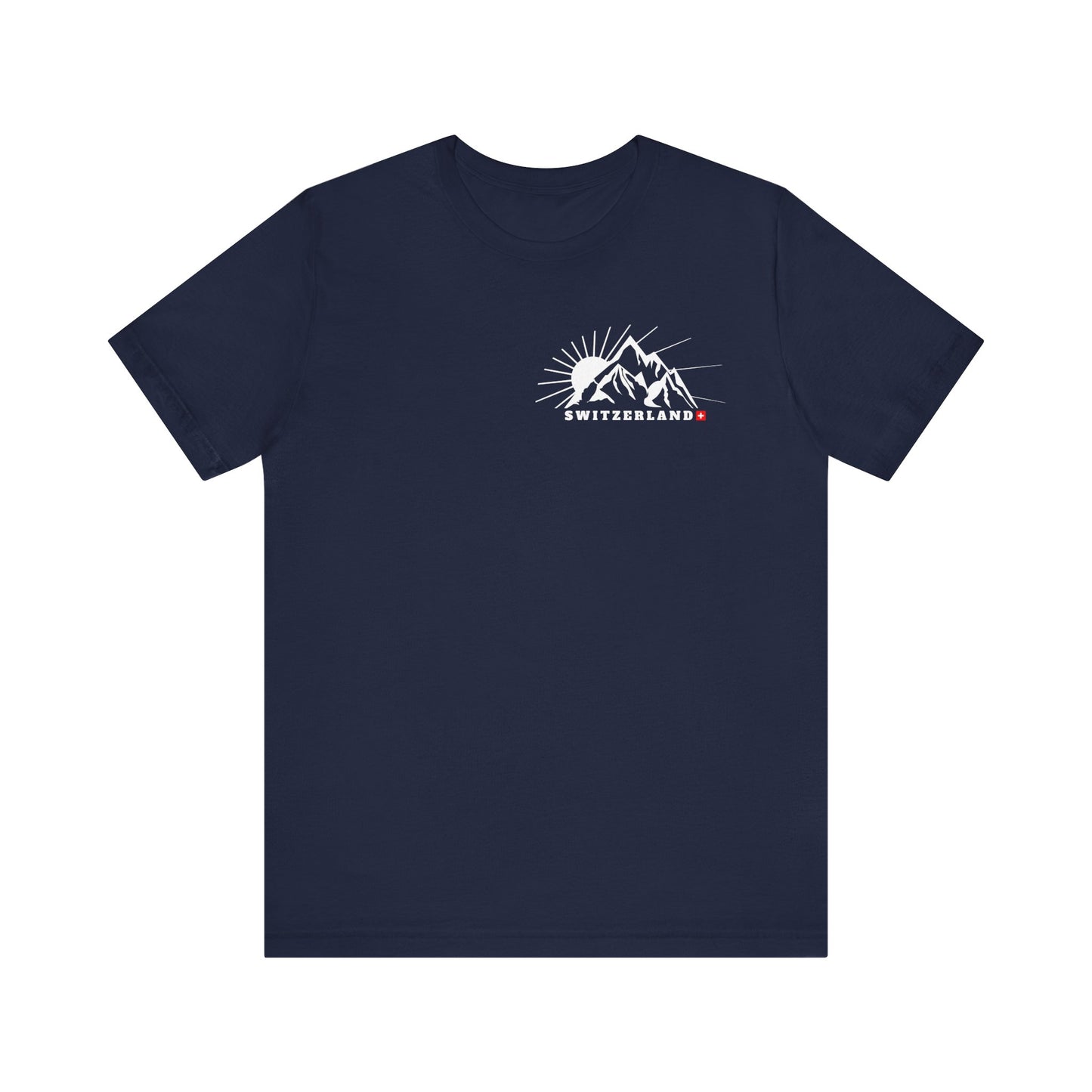 Trendy Swiss souvenir t-shirt showcasing a mountain sunrise and the word "Switzerland" in bold text, ideal for outdoor and travel lovers. Printed on Pocket and Back