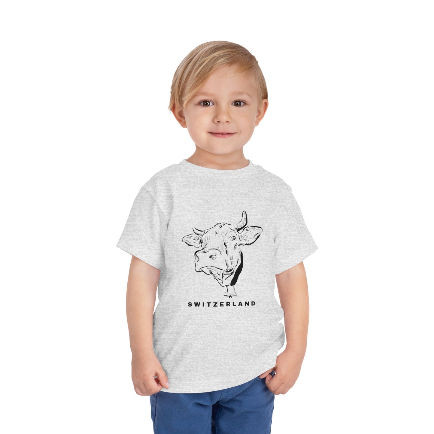 Cute kids shirt with hand-drawn Swiss cow and Switzerland text