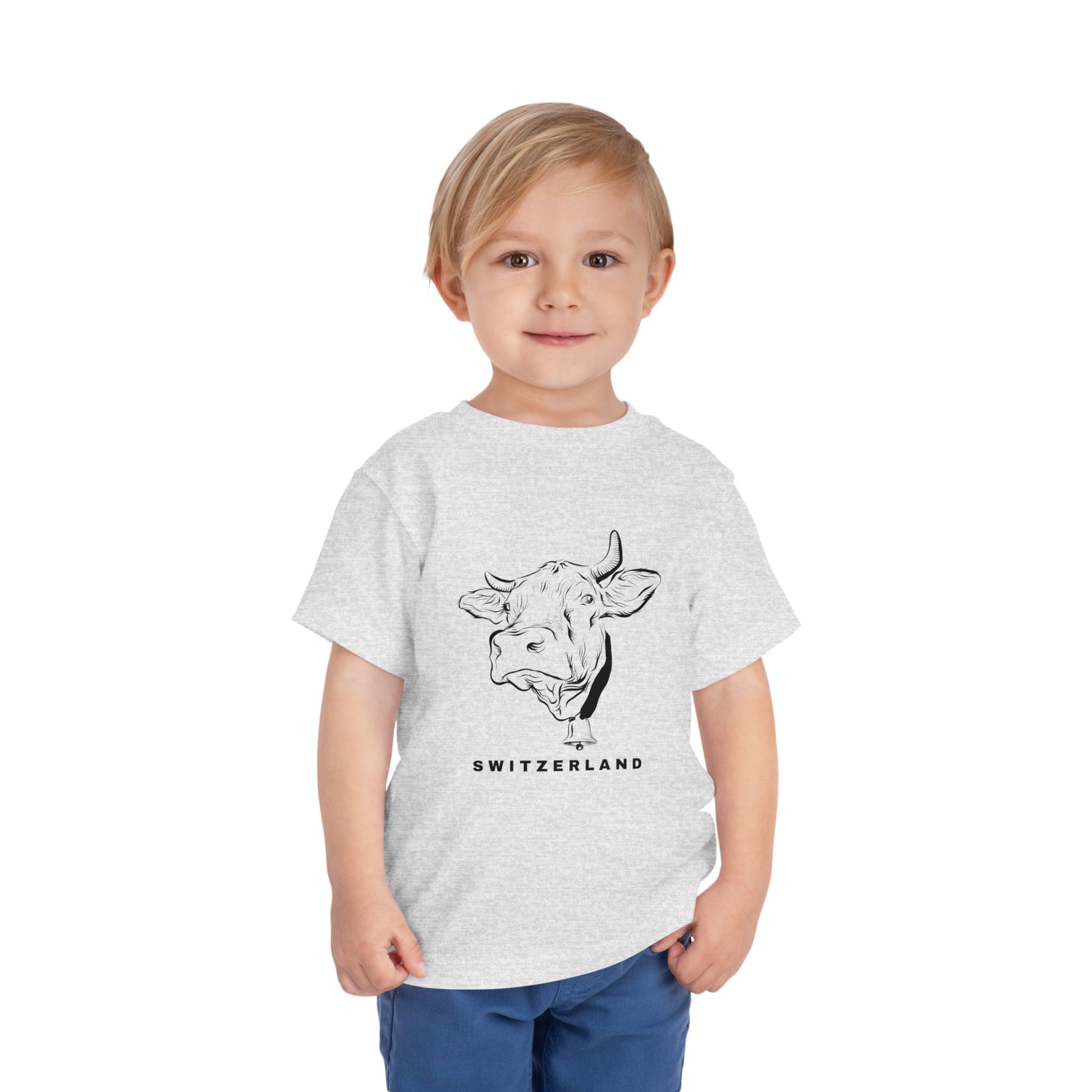 Cute kids shirt with hand-drawn Swiss cow and Switzerland text