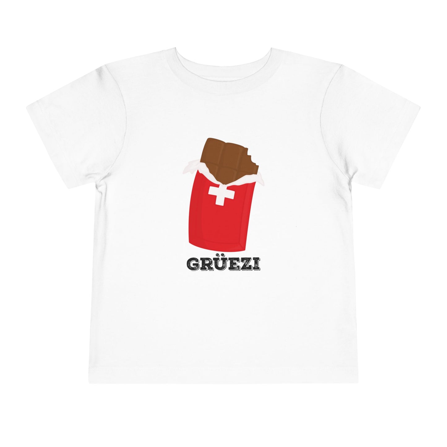 Toddler-sized Switzerland-themed t-shirt with a fun chocolate and Swiss flag design