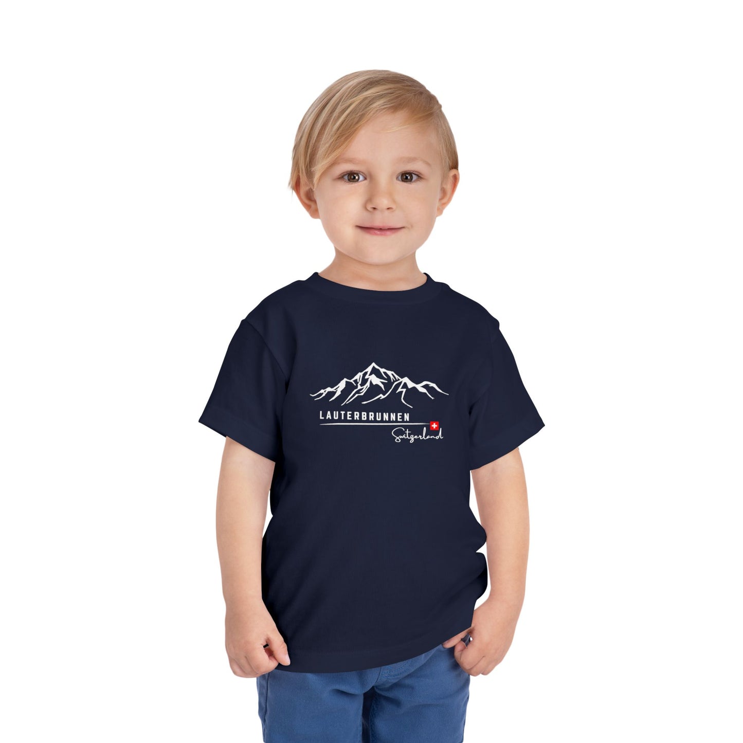 Toddler wearing navy Swiss Alps adventure t-shirt