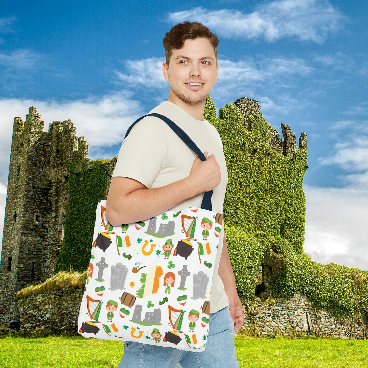 Lucky Charms of Ireland Tote Bag: Celtic Cross, Flag Heart, Clover & More! Embrace Irish Heritage with Style! AOP