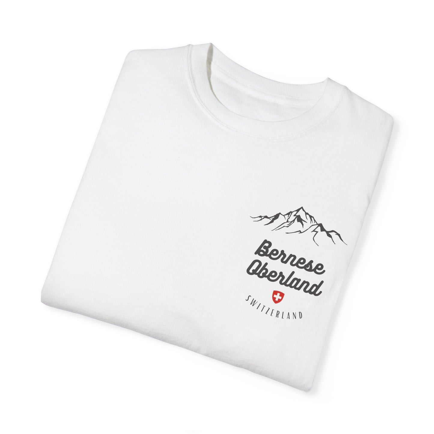 Neutral-colored unisex travel tee with Bernese Oberland Swiss souvenir design