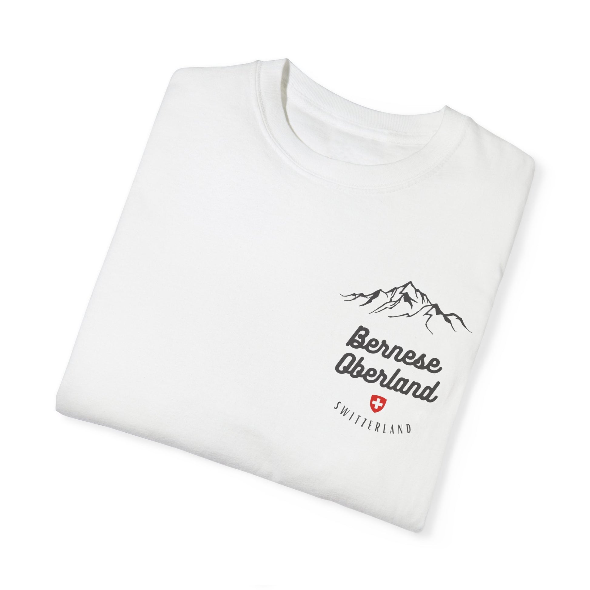 Neutral-colored unisex travel tee with Bernese Oberland Swiss souvenir design