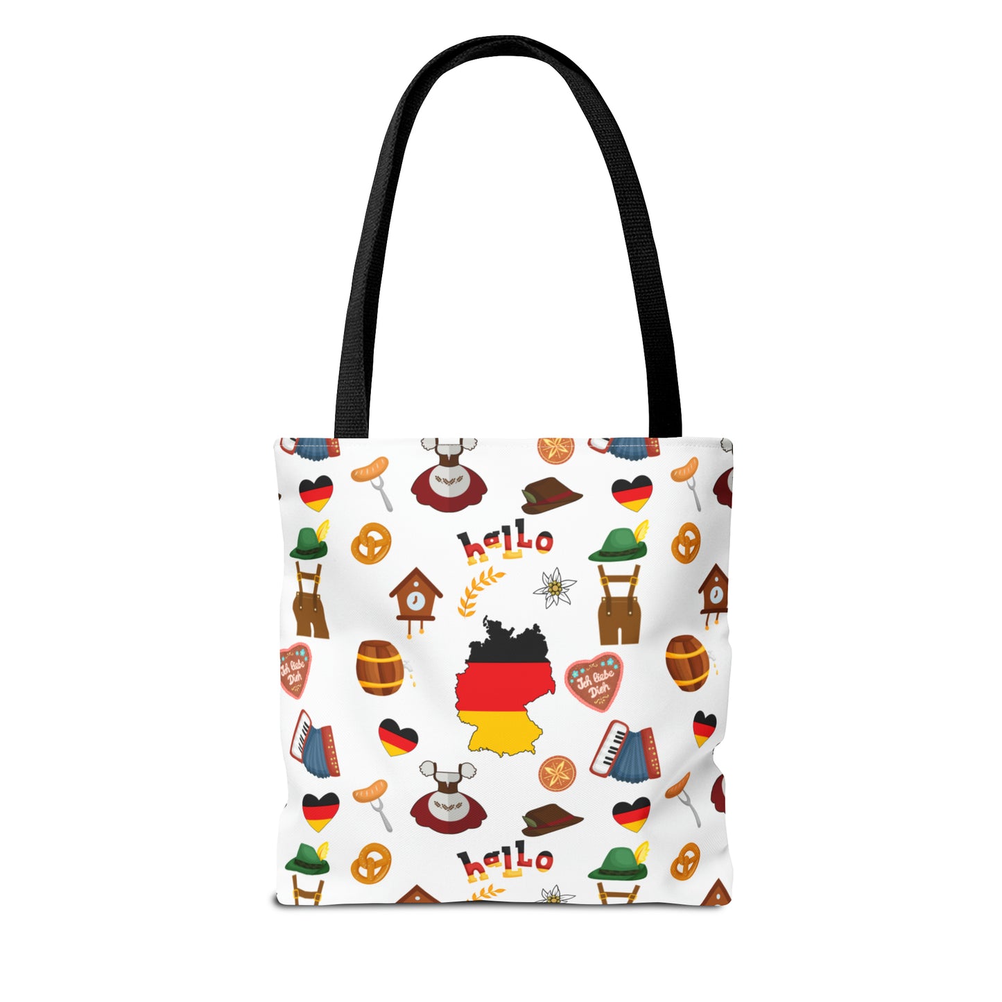 Authentic German Charm Tote: Flag, Traditional Attire, Pretzels, Sausages & More! Ideal for Wanderlust Souls (AOP)