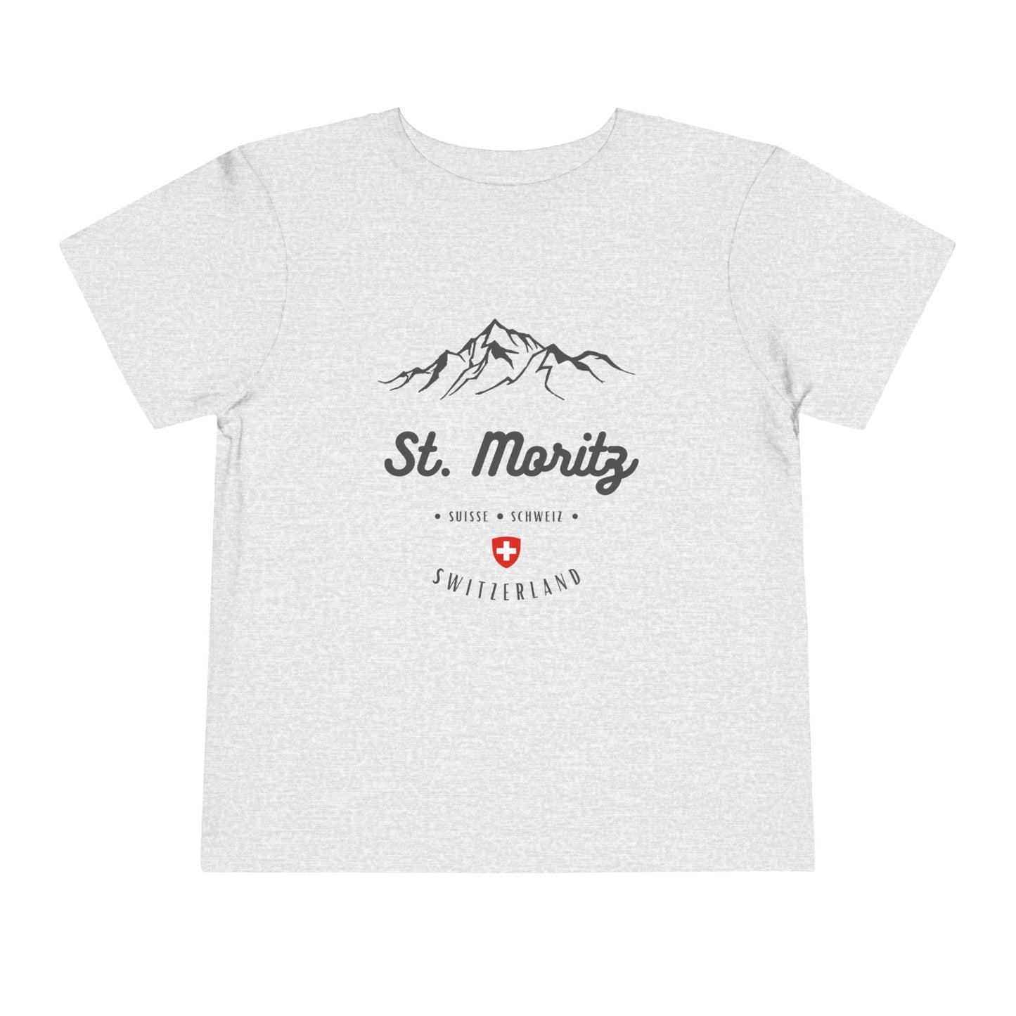Gray toddler tee with an alpine mountain print and "St. Moritz" text.