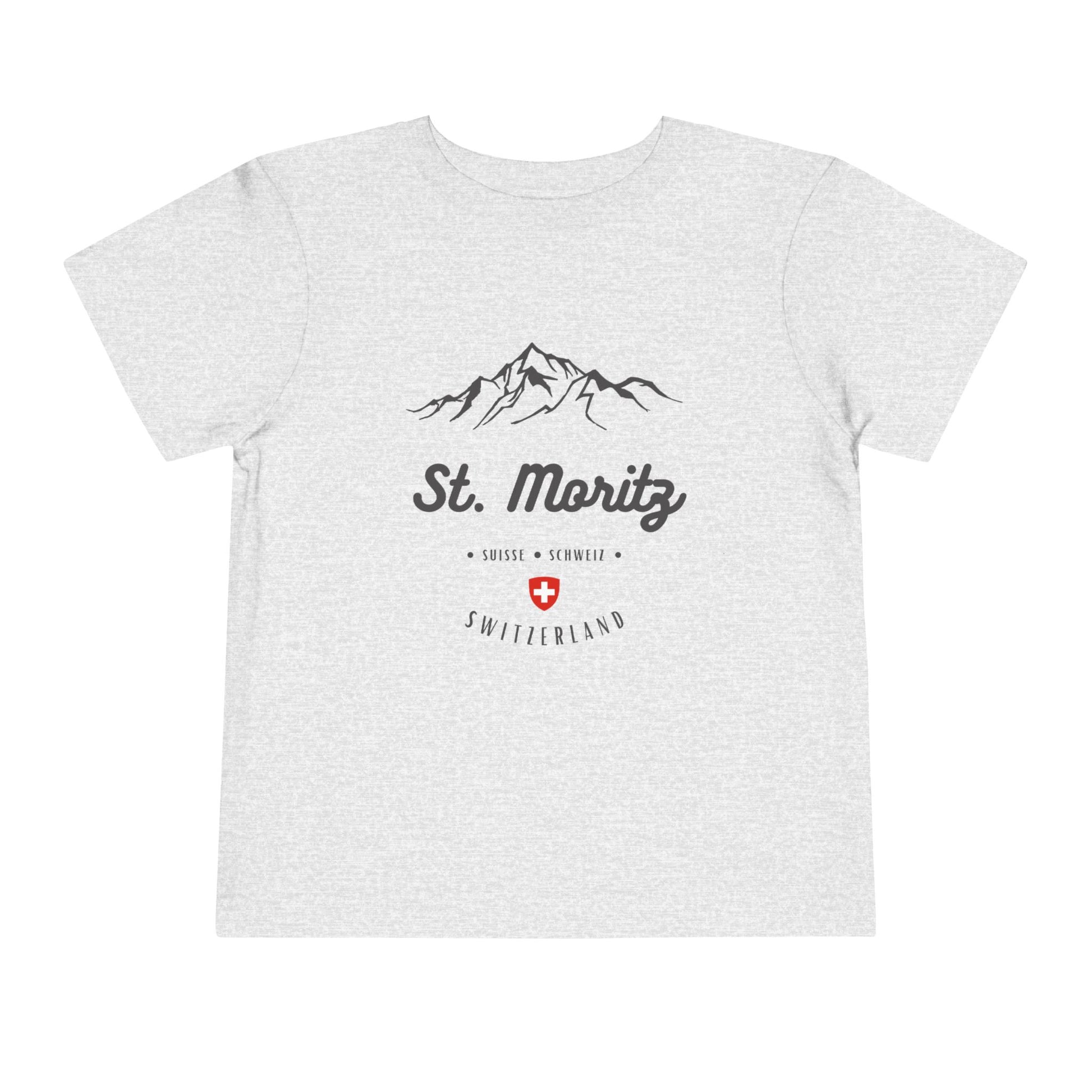 Gray toddler tee with an alpine mountain print and "St. Moritz" text.
