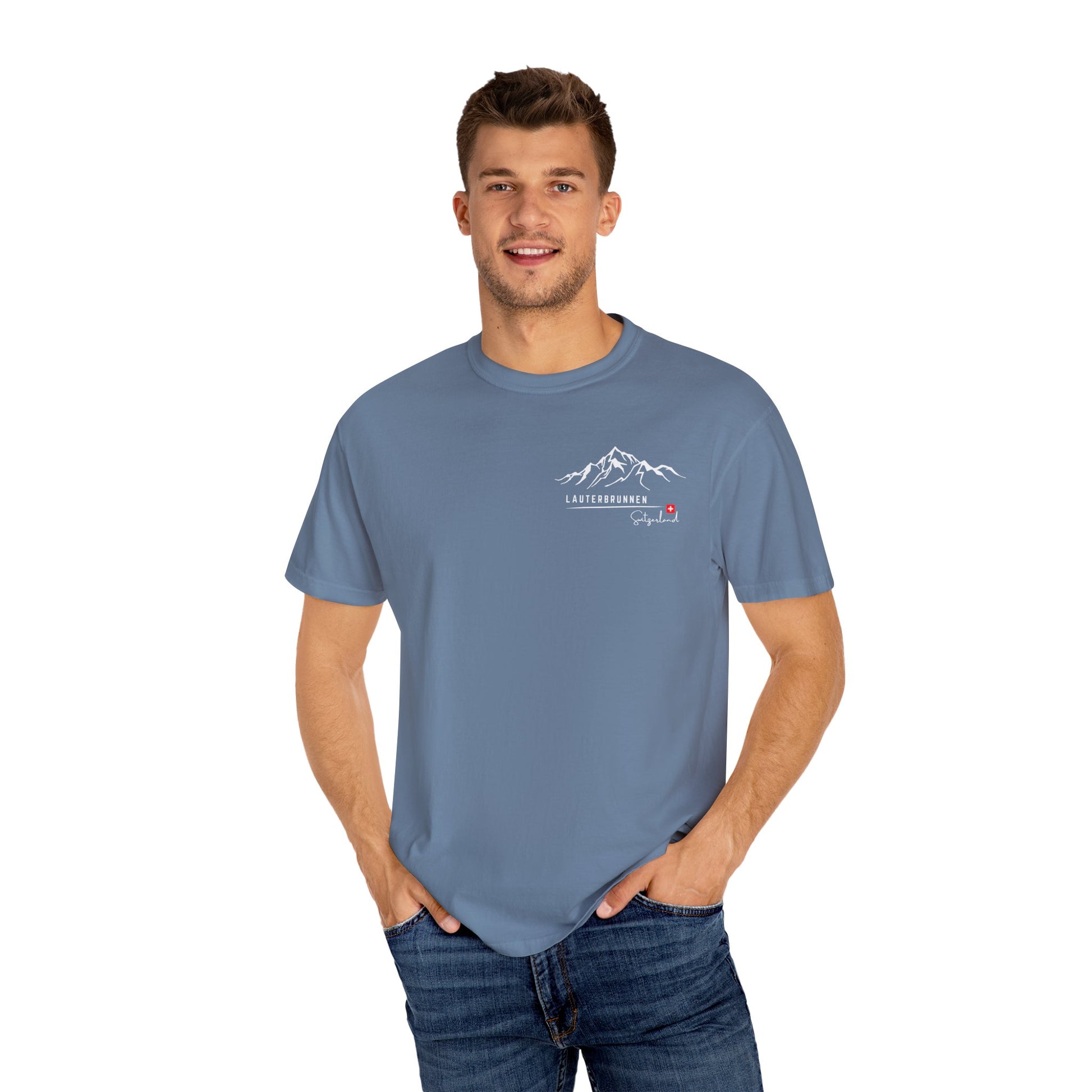 Stylish Switzerland travel tee in Black, Pepper, and Blue Jean