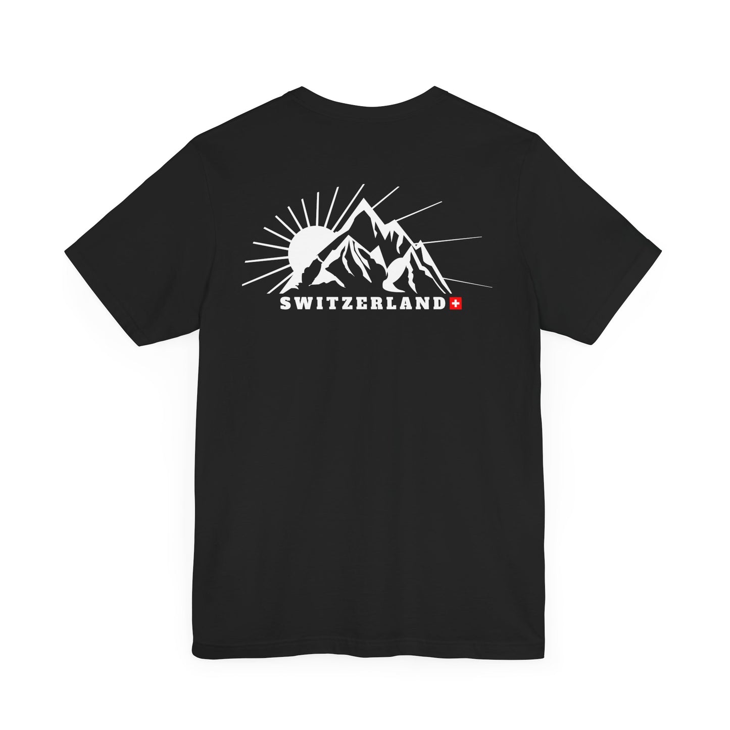 A stylish black t-shirt featuring a Switzerland mountain design with a rising sun, perfect for adventure lovers and travel enthusiasts.