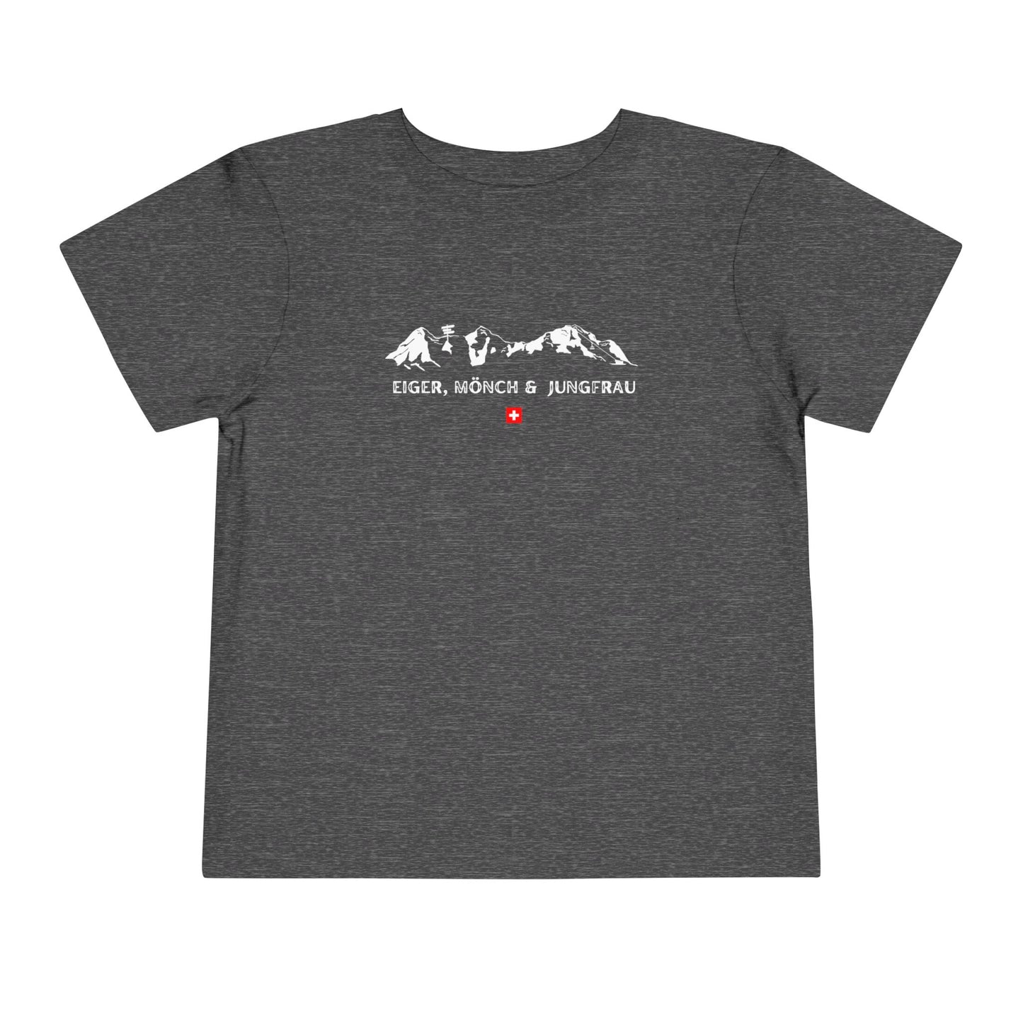 Close-up of Switzerland mountain silhouette on toddler adventure shirt.
