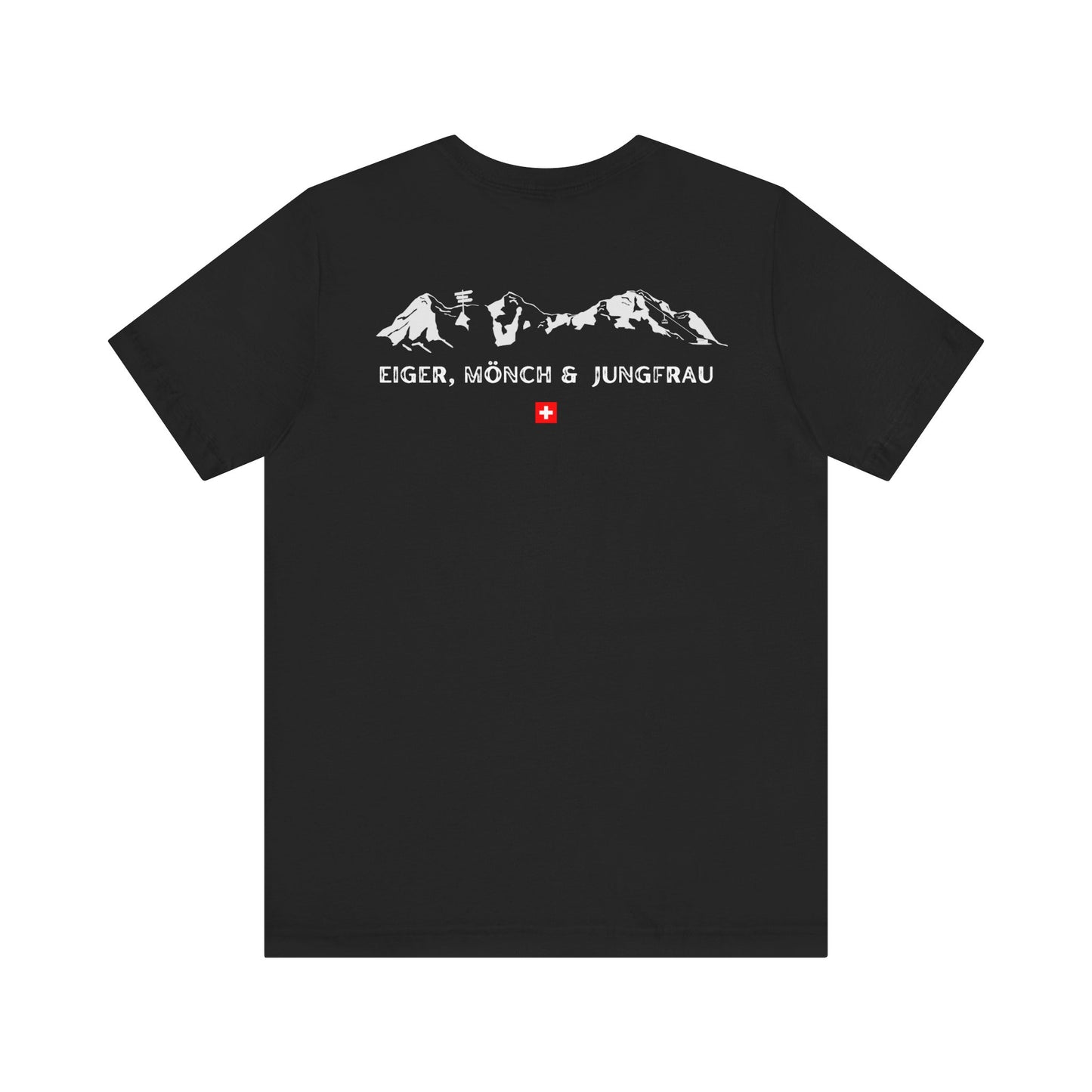 Stylish black hiking t-shirt with minimalist Swiss mountain design back view