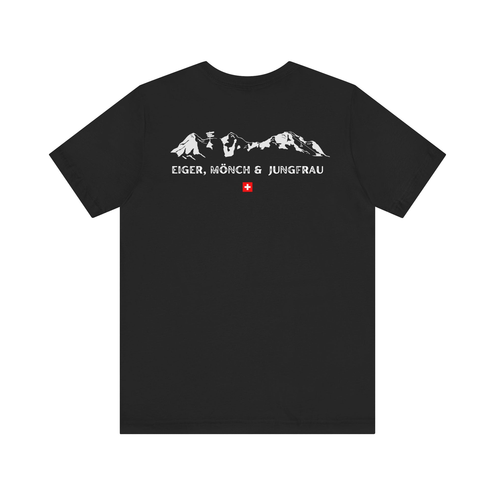 Stylish black hiking t-shirt with minimalist Swiss mountain design back view