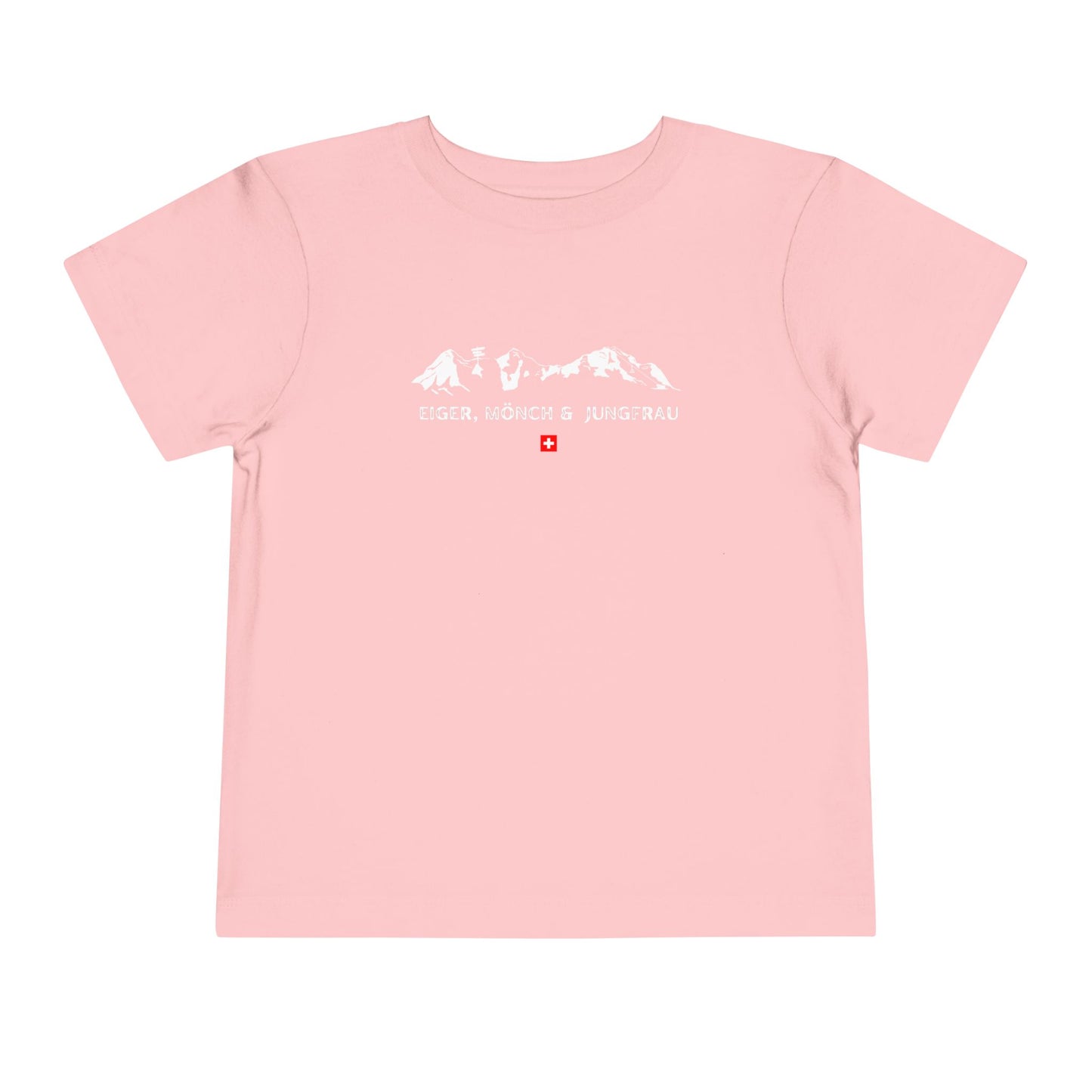 Pink Swiss Alps toddler adventure tee with minimalist mountain graphic