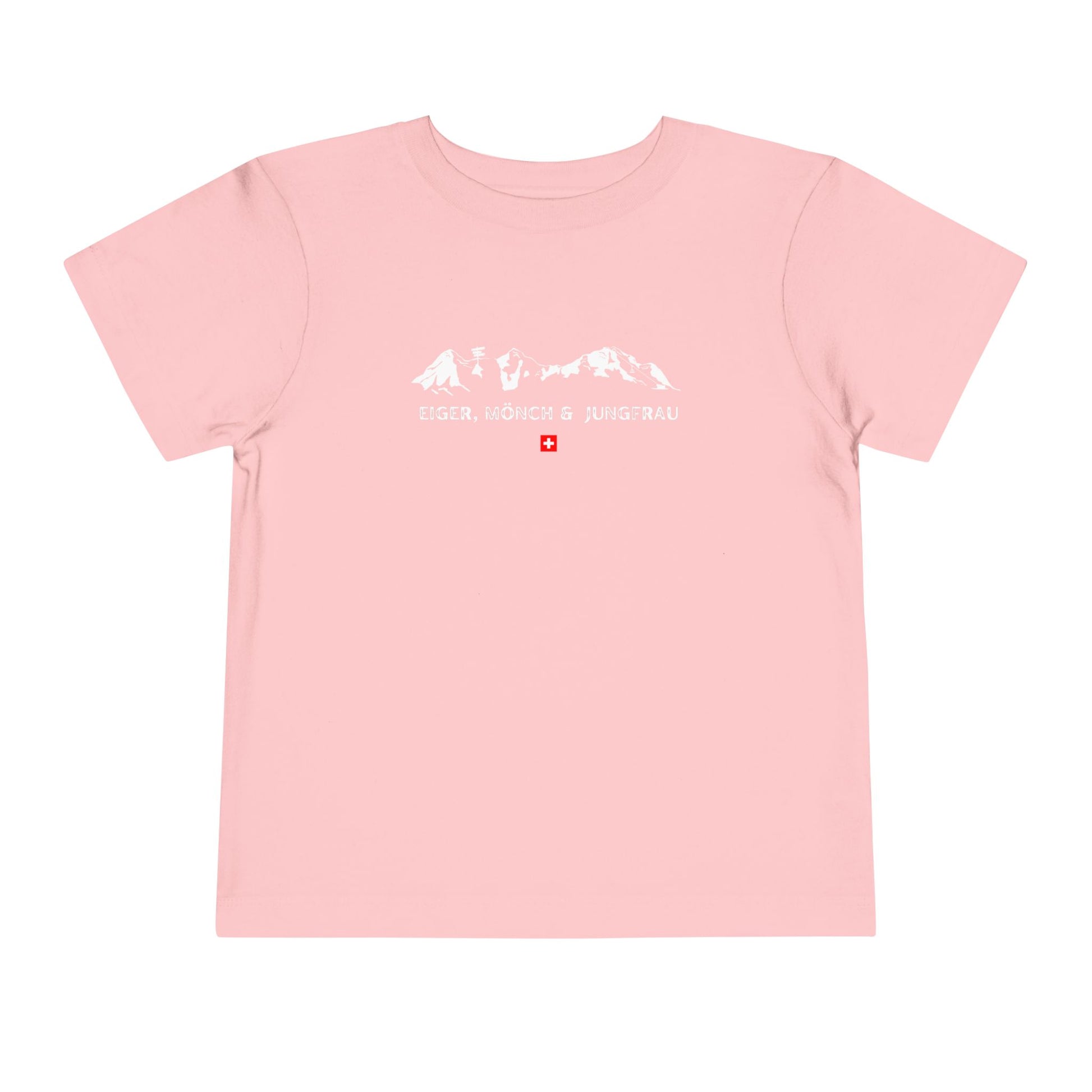 Pink Swiss Alps toddler adventure tee with minimalist mountain graphic