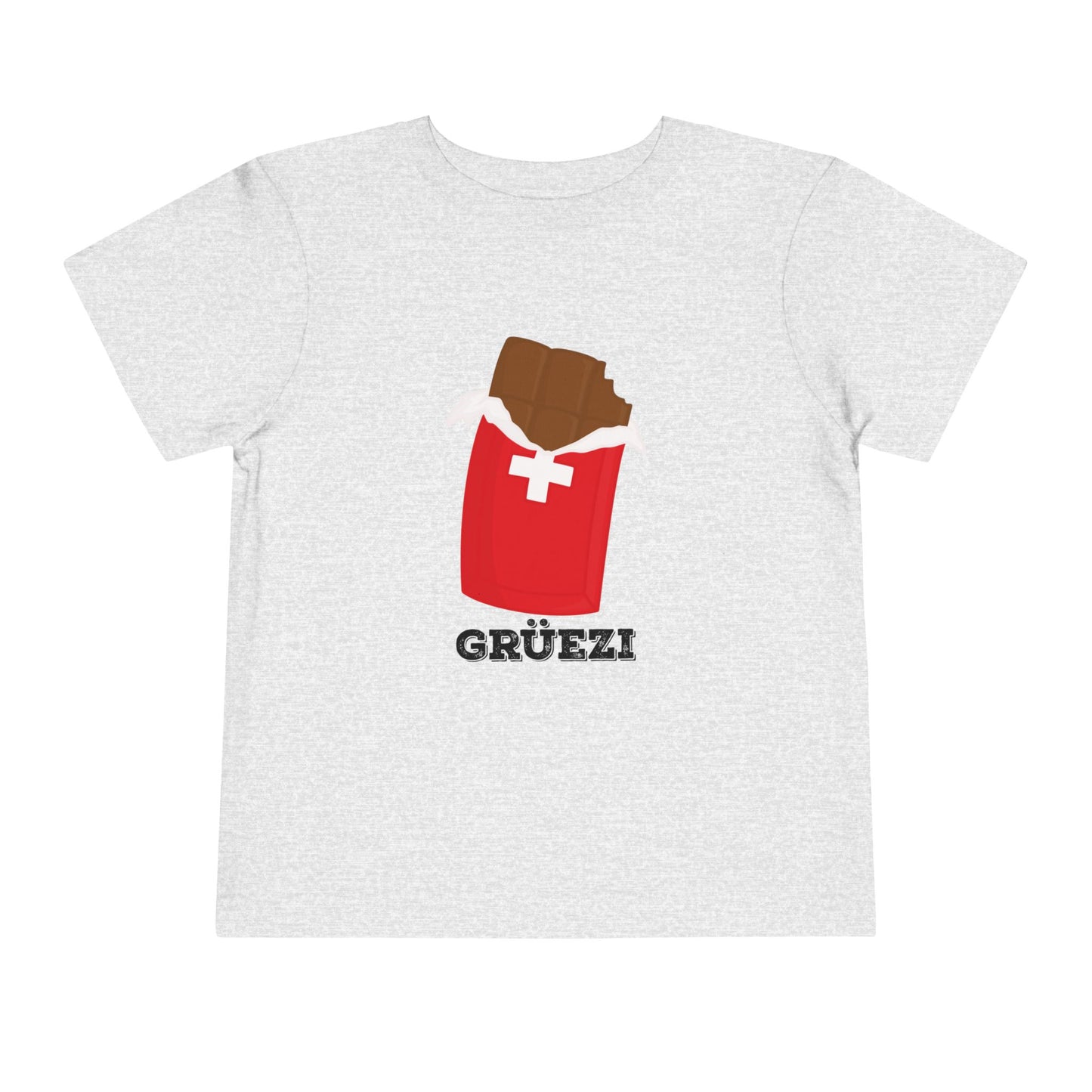 Heather kids' tee with Swiss chocolate bar and "Grüezi" greeting, perfect for little travelers.