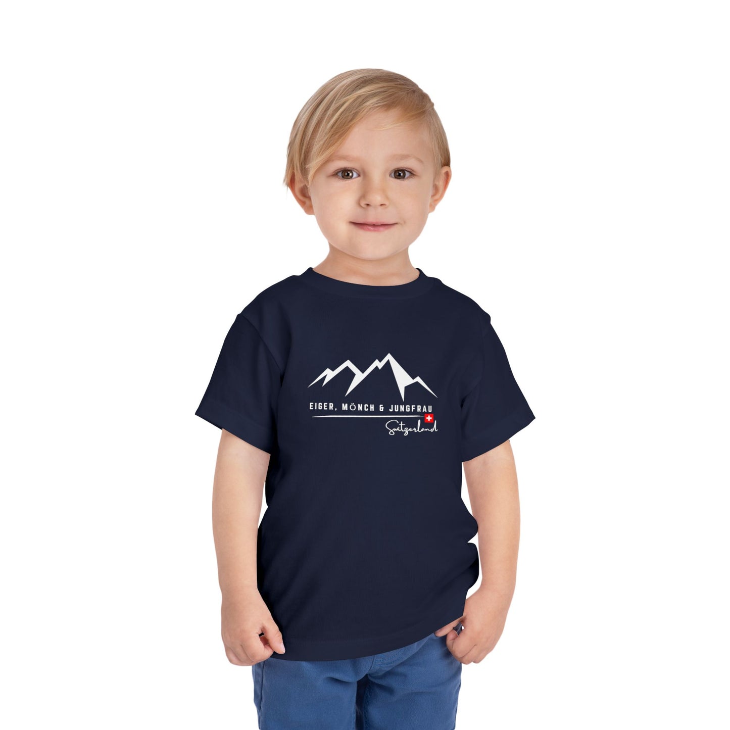 Close-up of Switzerland Alps toddler shirt design featuring Eiger, Mönch & Jungfrau