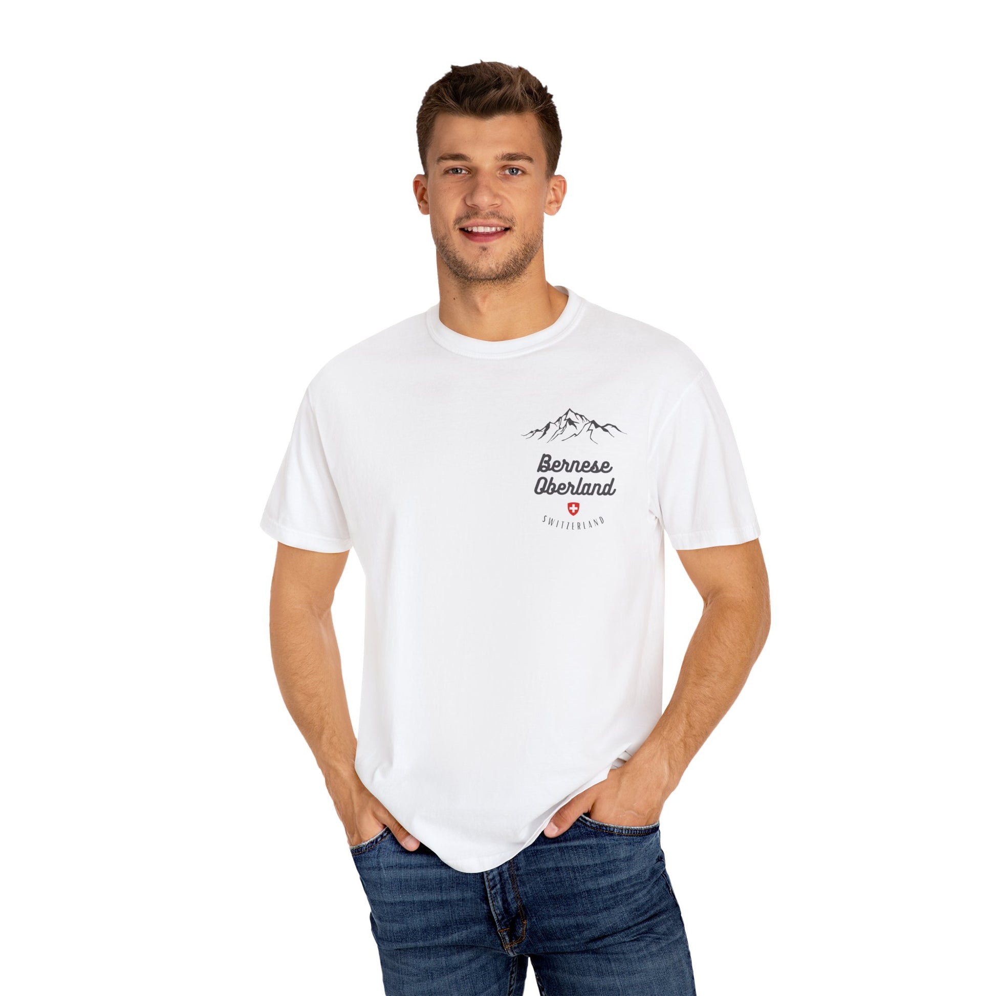 Hiking and adventure t-shirt with mountain graphic and Switzerland text