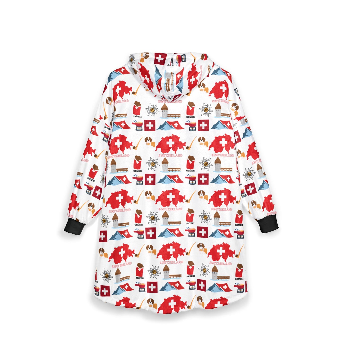 Swiss Winter Hooded Blanket vibrant Swiss flag and alpine pattern on soft fleece