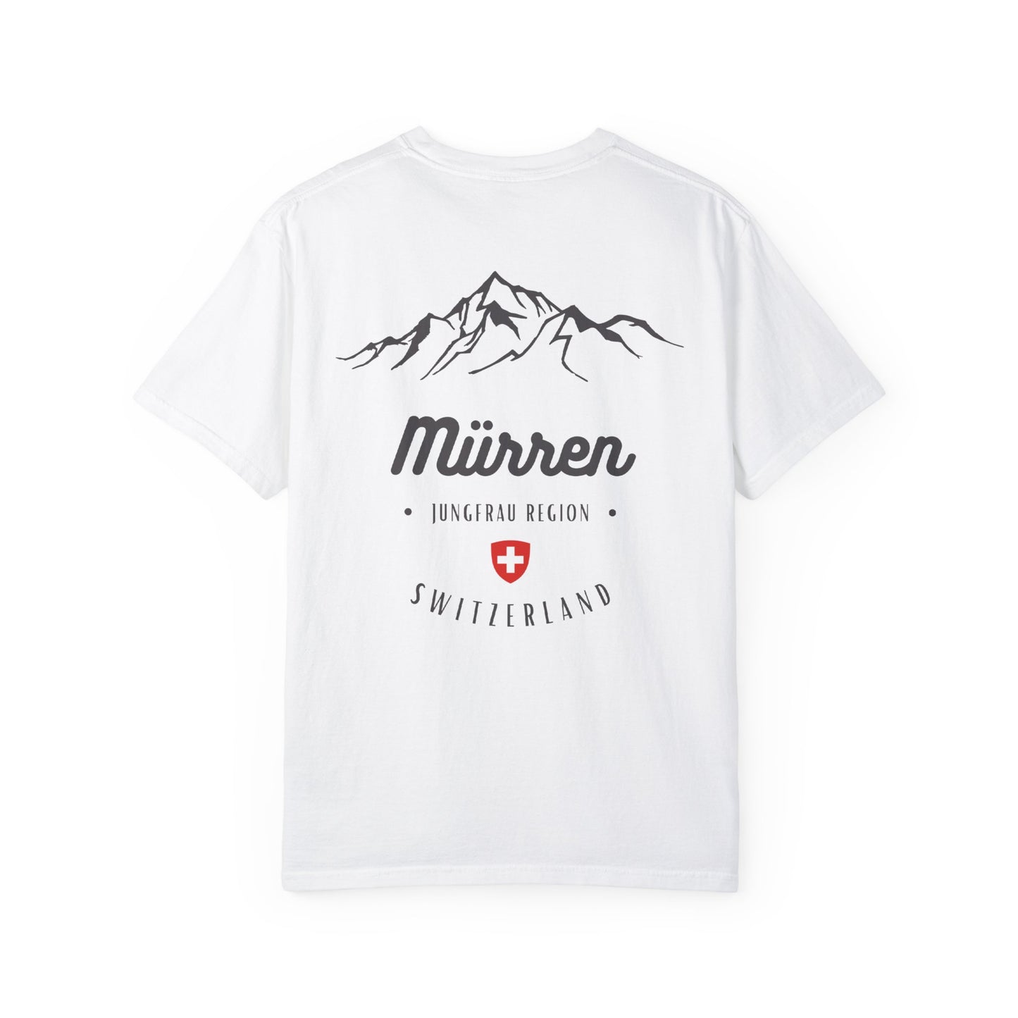 Stylish travel tee featuring Swiss Alps and Mürren outdoor badge