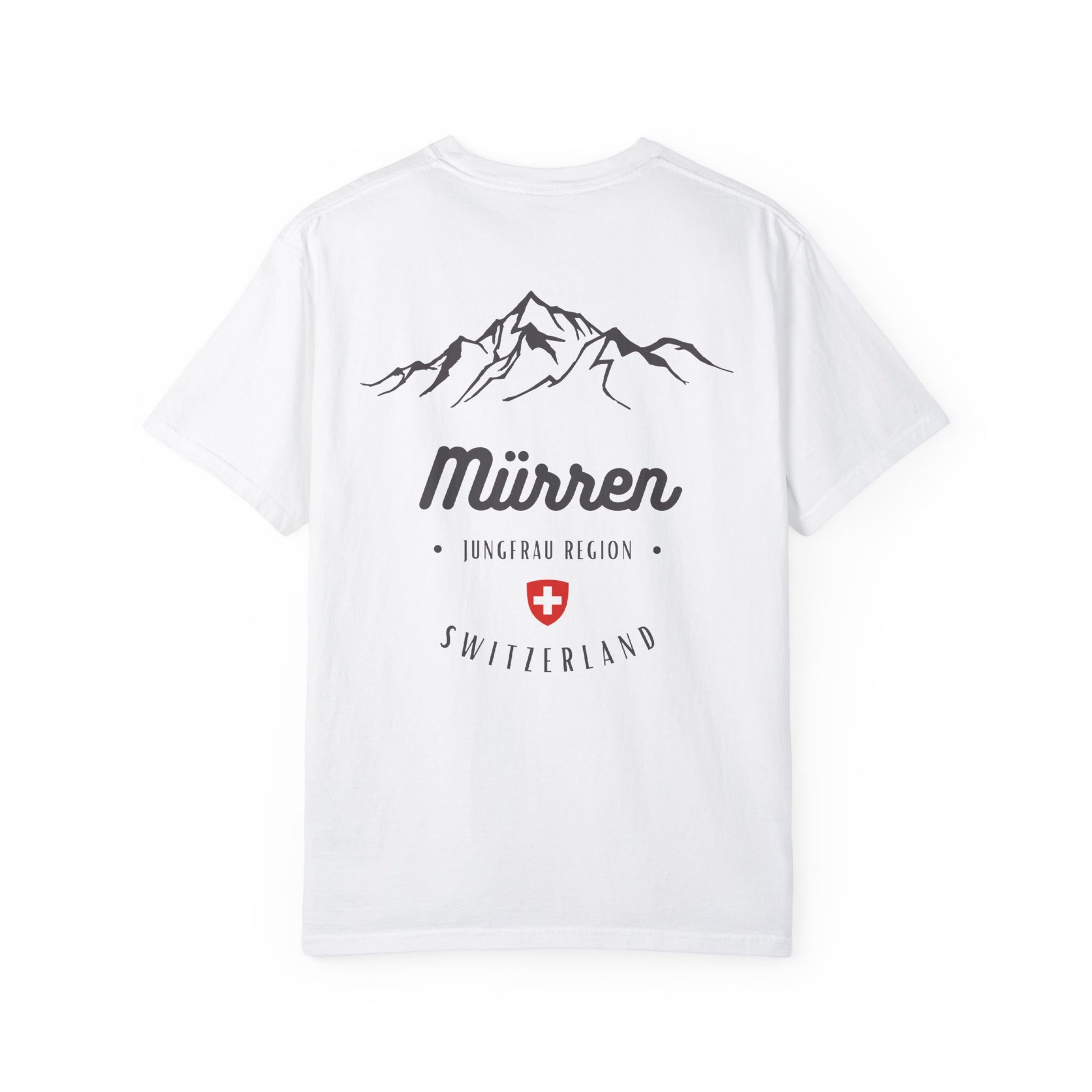 Stylish travel tee featuring Swiss Alps and Mürren outdoor badge