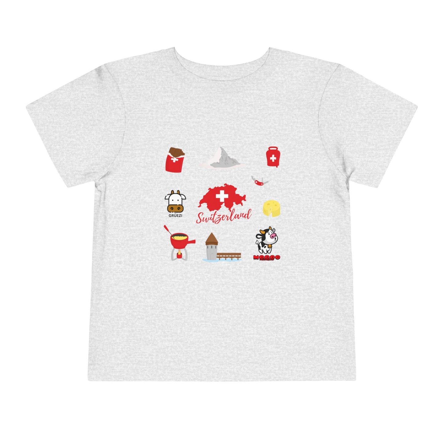 Flat lay of Switzerland toddler shirt with iconic Swiss elements like map, Swiss army knife, and chocolate