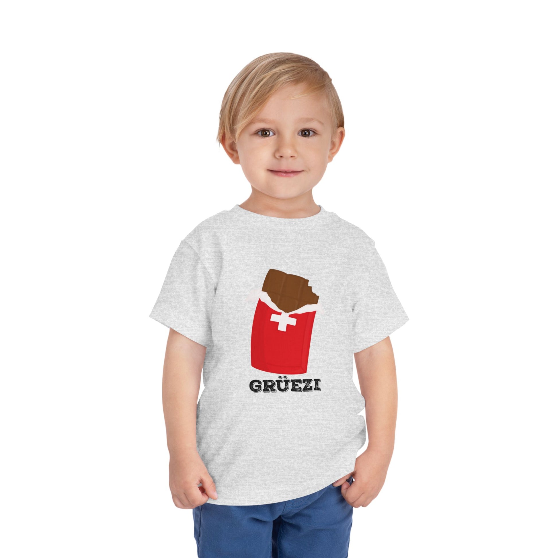 Swiss chocolate kids' t-shirt—great gift for Swiss families and young travelers.