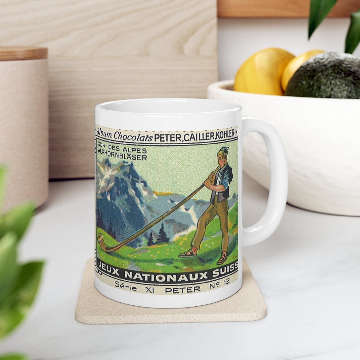 Swiss Alphorn Player Scene in the Alps | Immerse Yourself in Alpine Melodies with Our Vintage Painting Mug