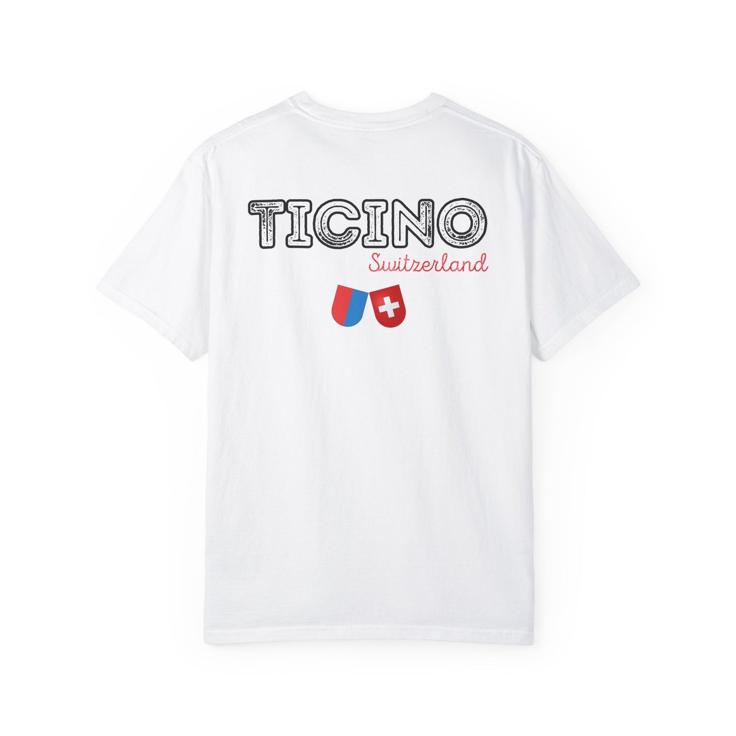 Back view of Ticino Switzerland Comfort Colors travel T-shirt