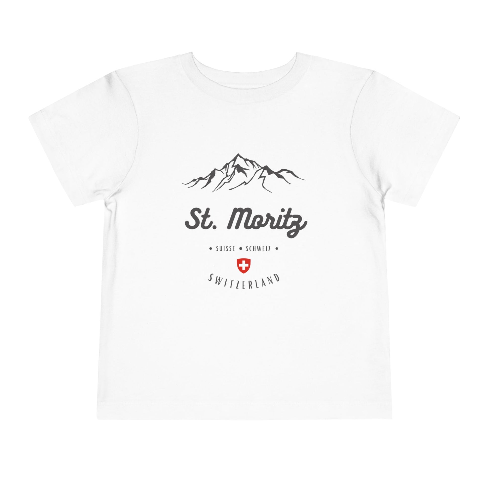 Stylish Switzerland souvenir kids t-shirt showcasing St. Moritz and Swiss elements.