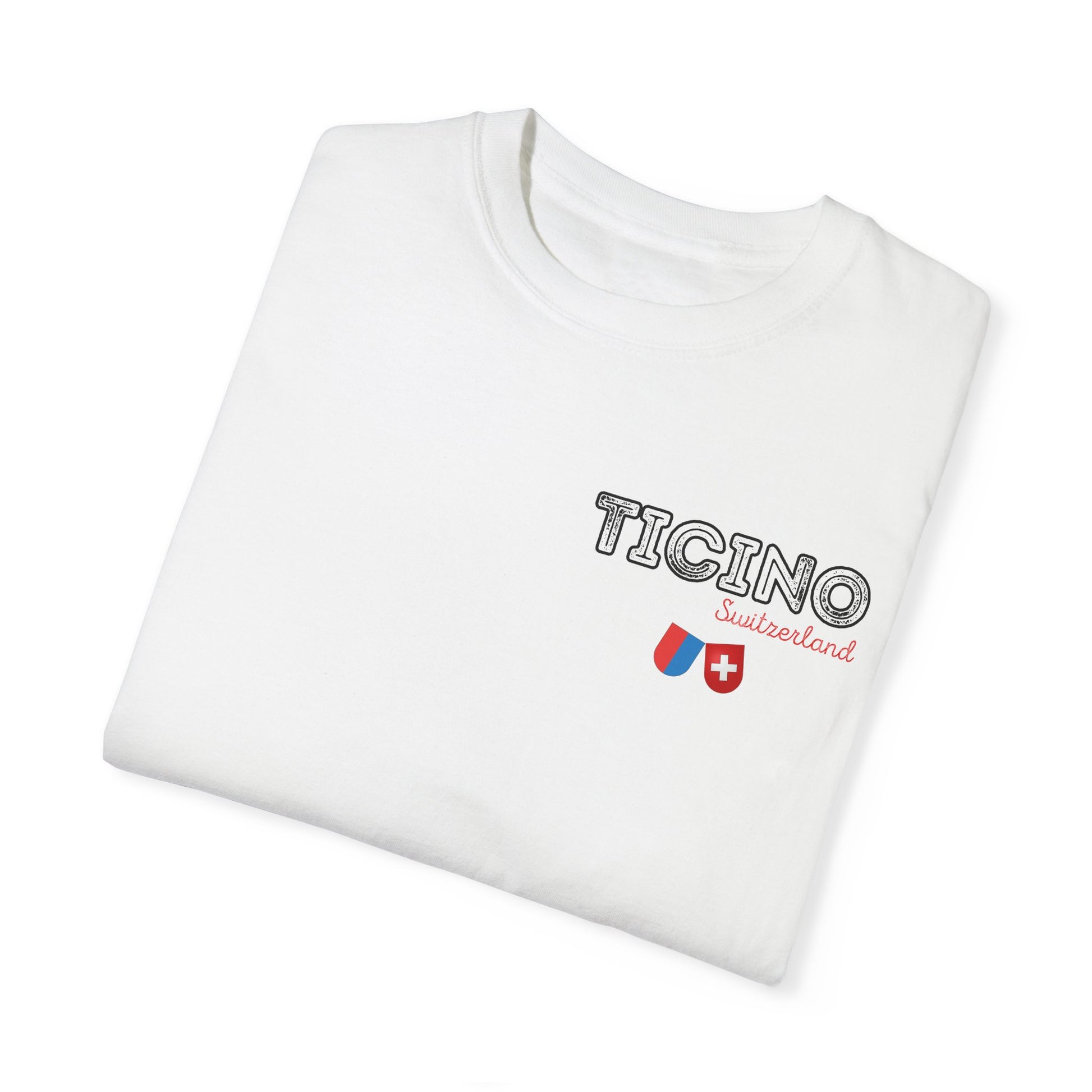 Ticino Switzerland unisex T-shirt with Swiss flag and pocket design