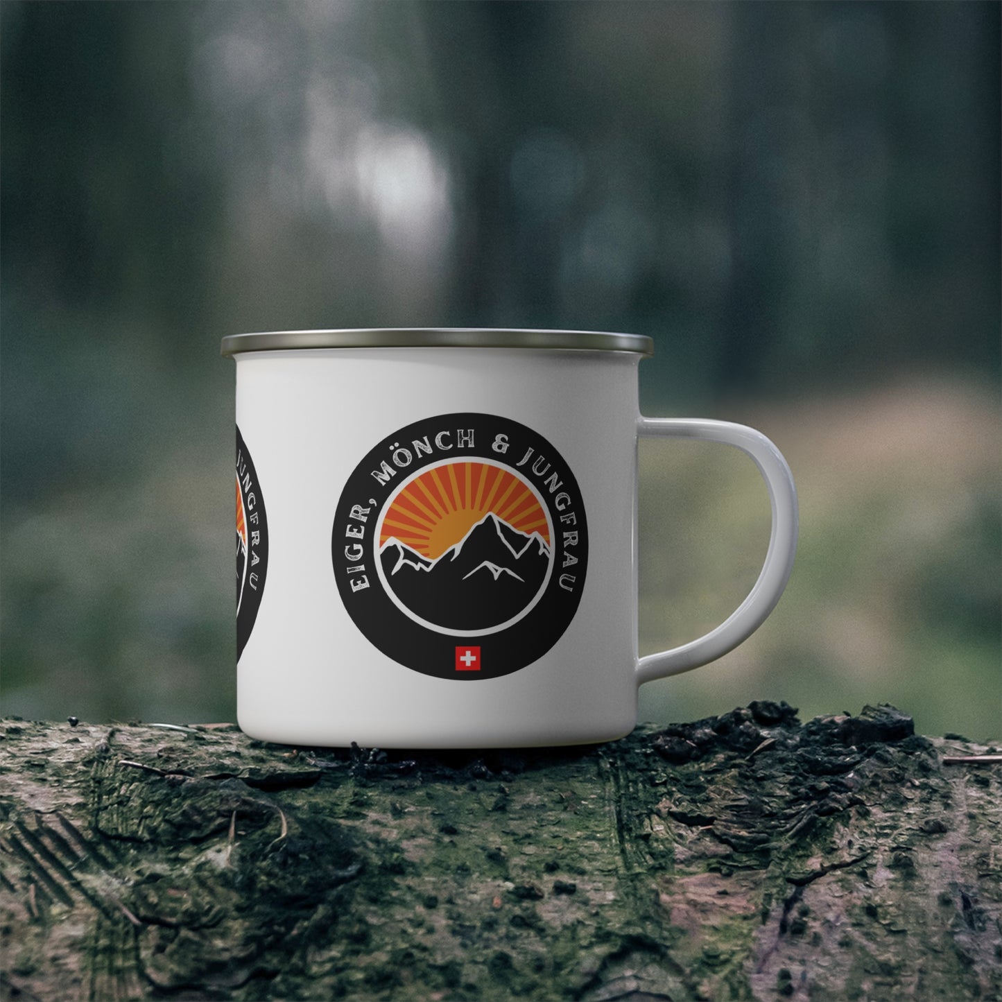 Durable enamel travel mug with Eiger Mönch Jungfrau mountain range design for hiking and camping