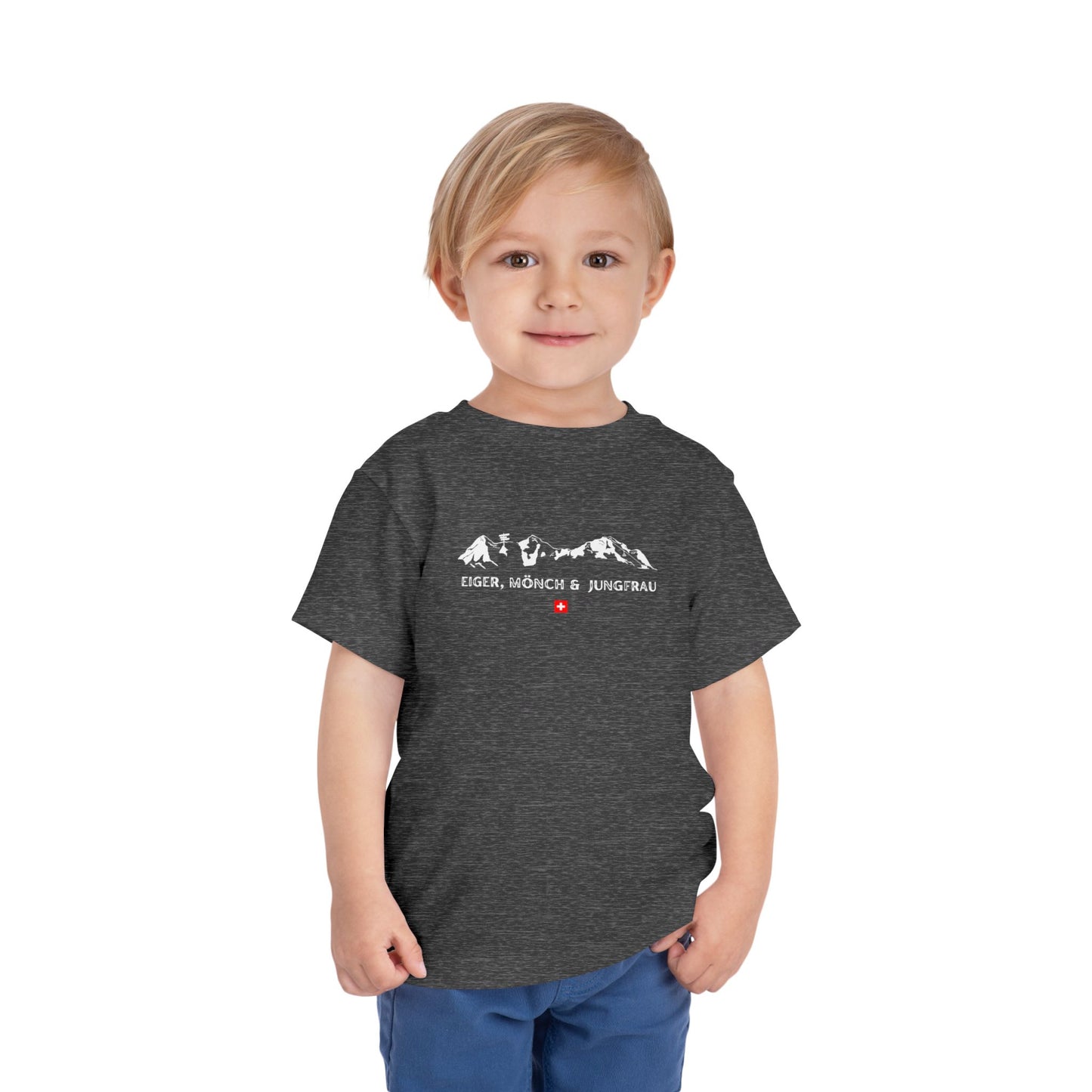 Dark heather gray toddler t-shirt showcasing Eiger, Mönch & Jungfrau peaks