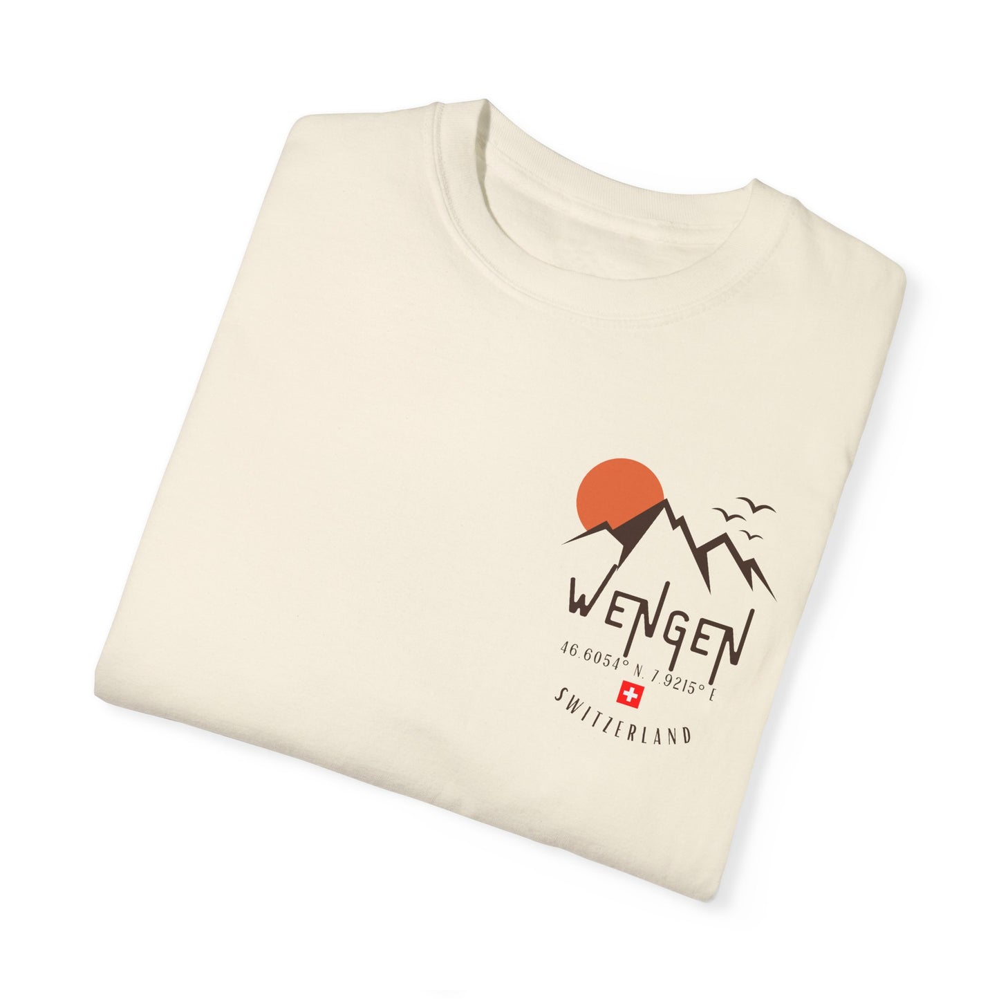 Swiss Alps souvenir t-shirt featuring Wengen coordinates and sunset