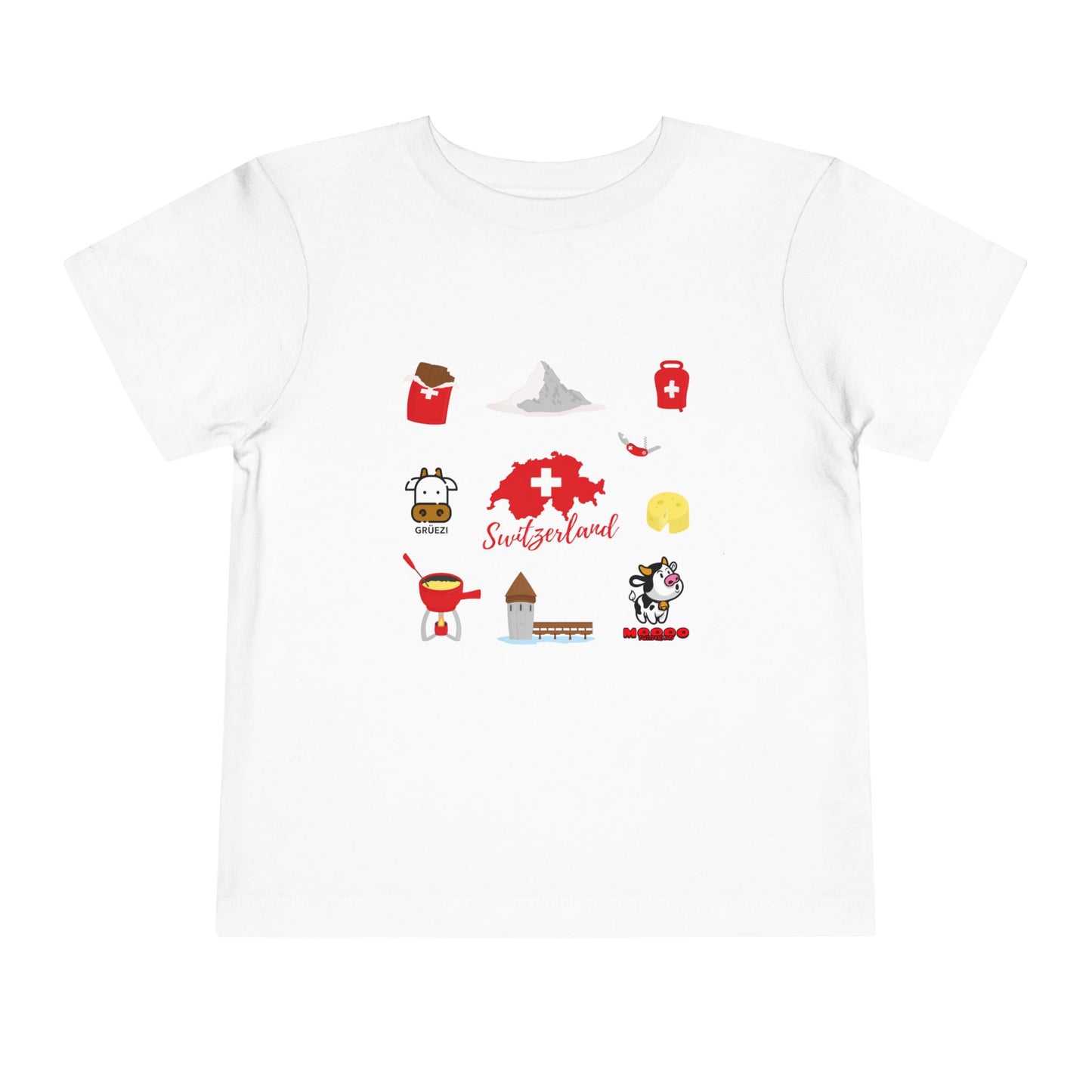 front view of toddler Swiss souvenir shirt in white and gray color options