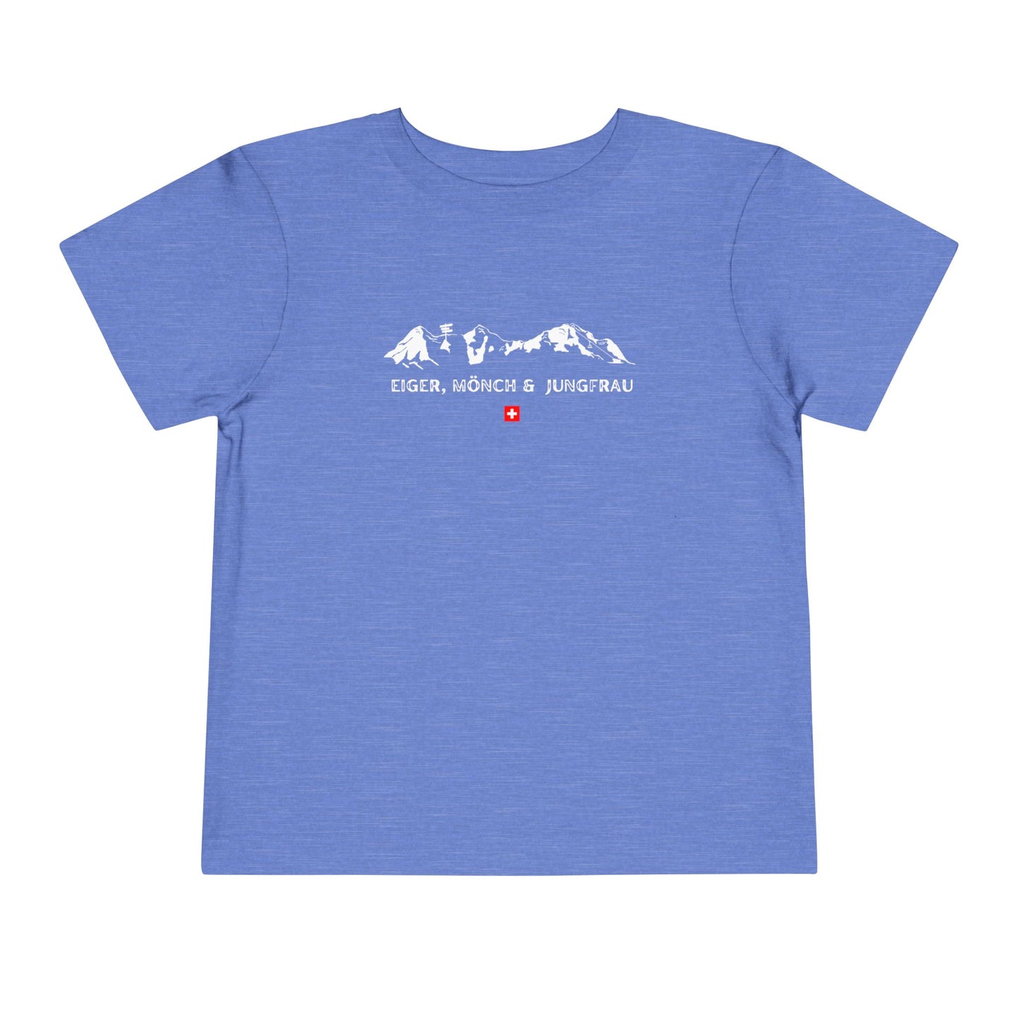 Flat lay of heather blue Eiger Mönch Jungfrau toddler t-shirt with Swiss flag detail.