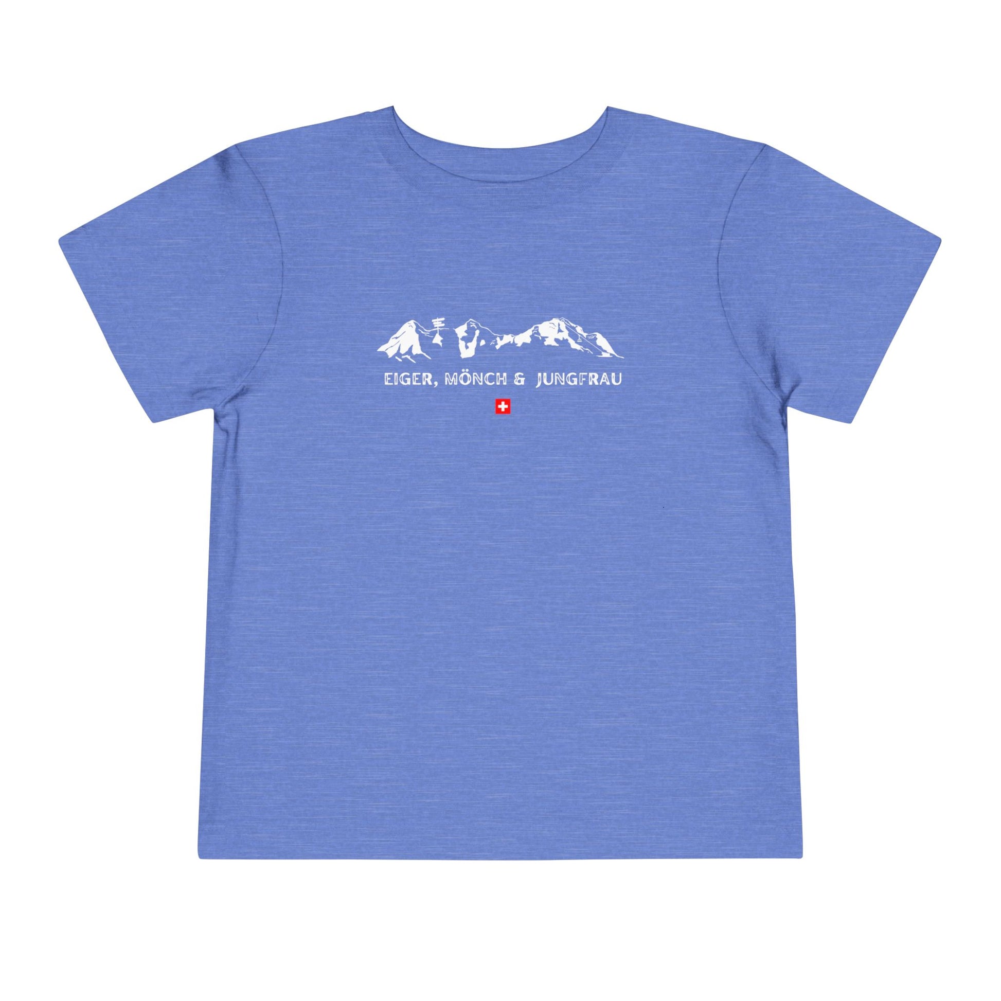 Flat lay of heather blue Eiger Mönch Jungfrau toddler t-shirt with Swiss flag detail.