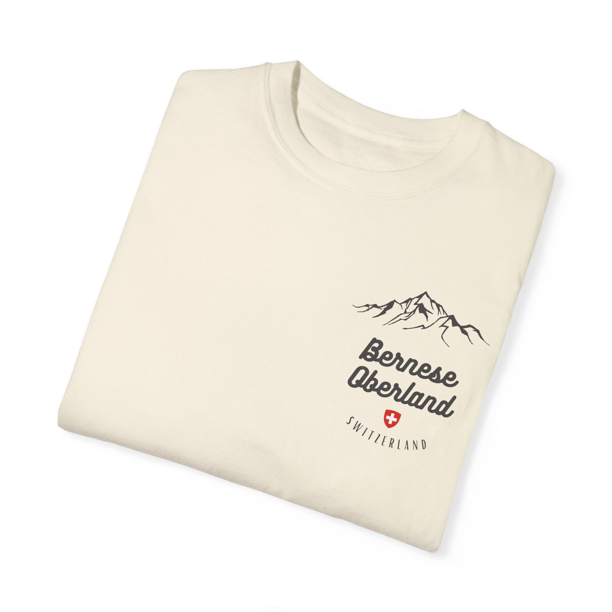 Swiss Alps travel t-shirt featuring Bernese Oberland minimalist pocket print
