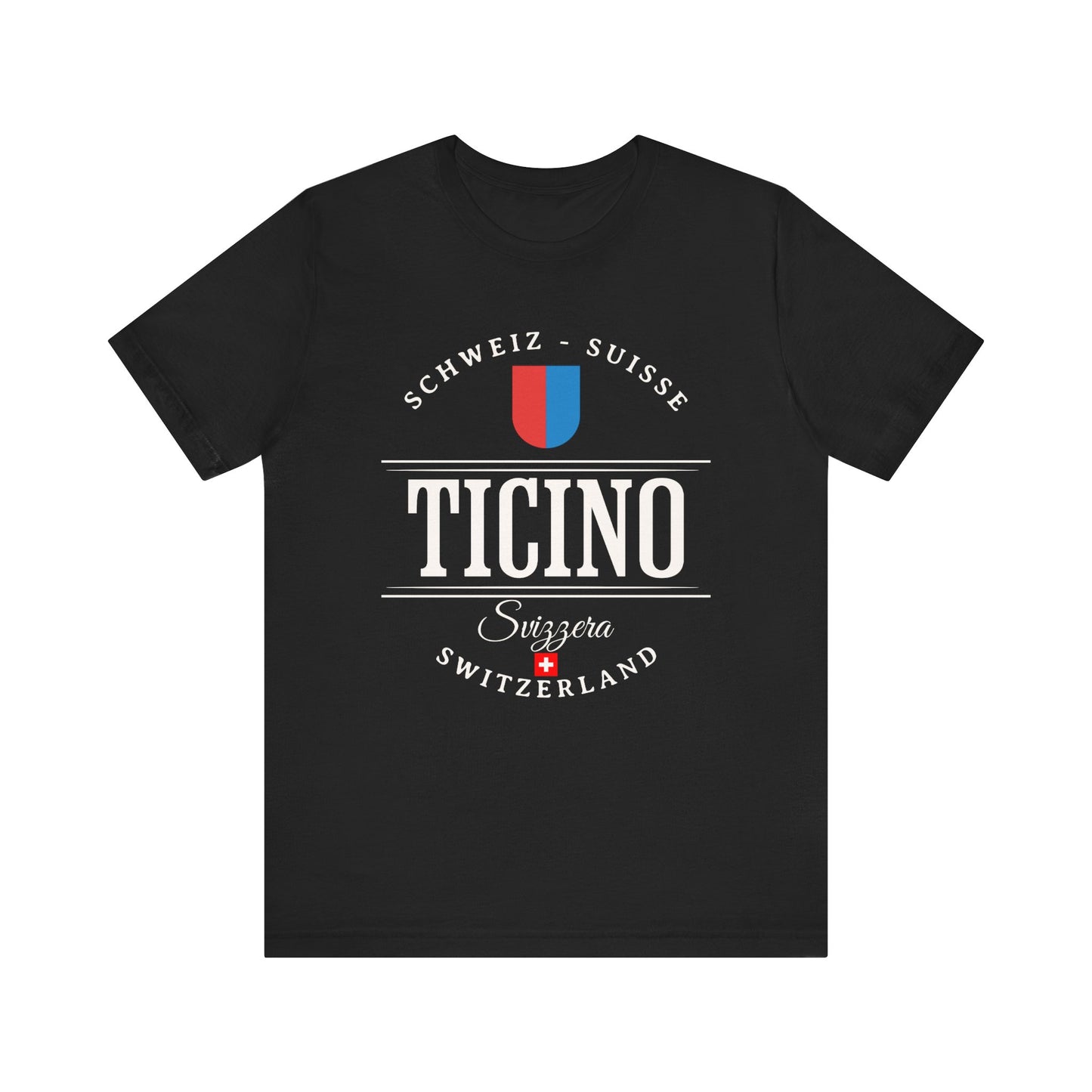 Swiss souvenir T-shirt featuring the Ticino canton emblem in red and blue.
