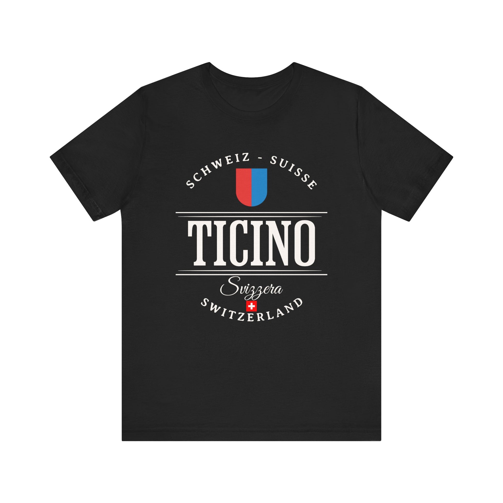Swiss souvenir T-shirt featuring the Ticino canton emblem in red and blue.