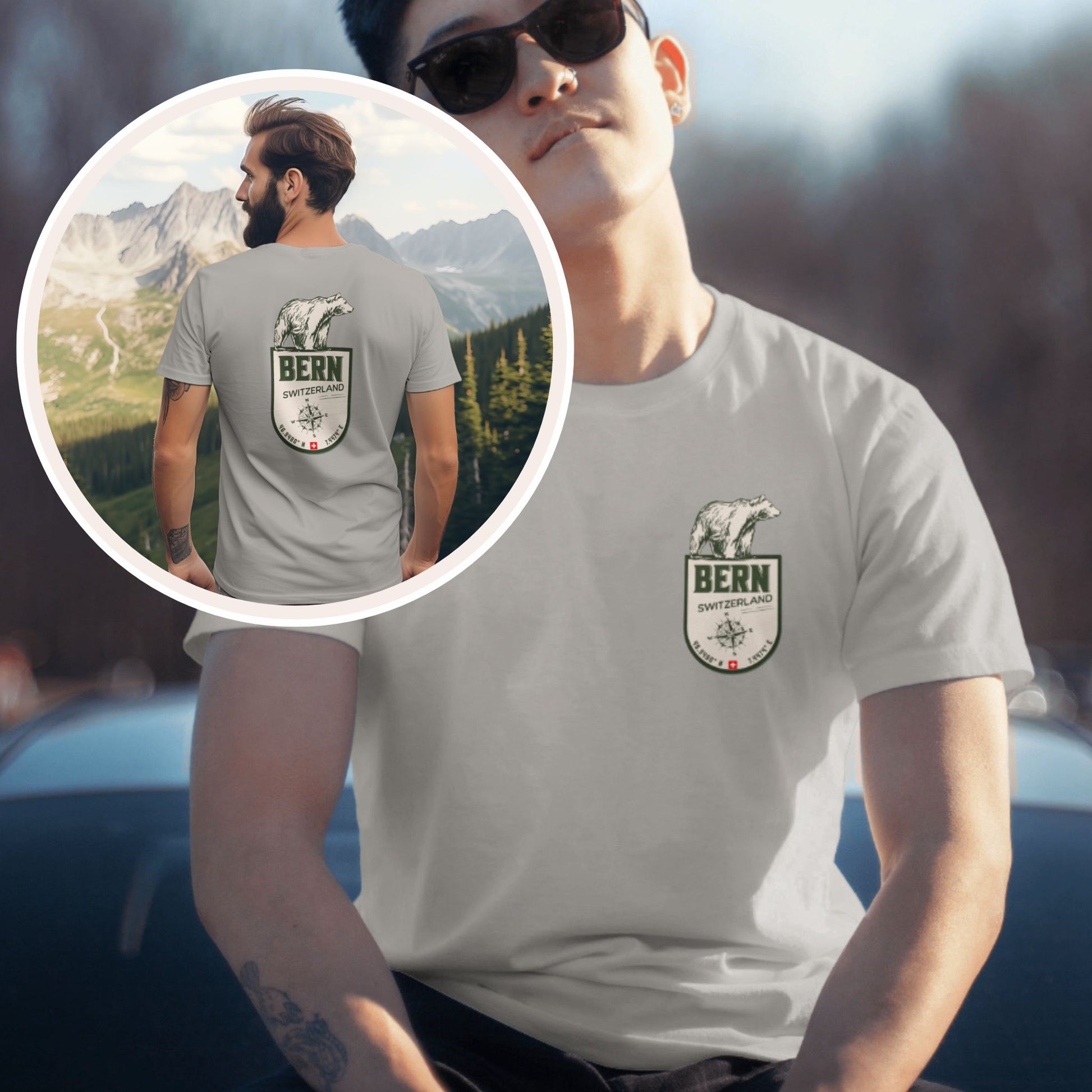 Unisex Bern, Switzerland t-shirt featuring Swiss bear and coordinates in outdoor style. Heather dust Bella Canva