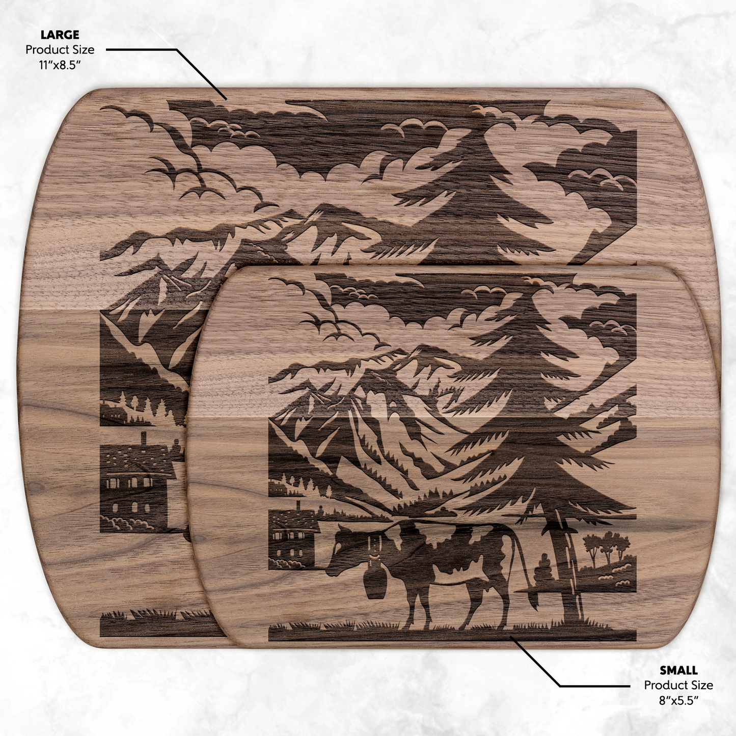 Handcrafted cutting board with traditional Swiss scherenschnitte cow silhouette from Elm Sernftal region, showcasing iconic Glarus alpine landscape
