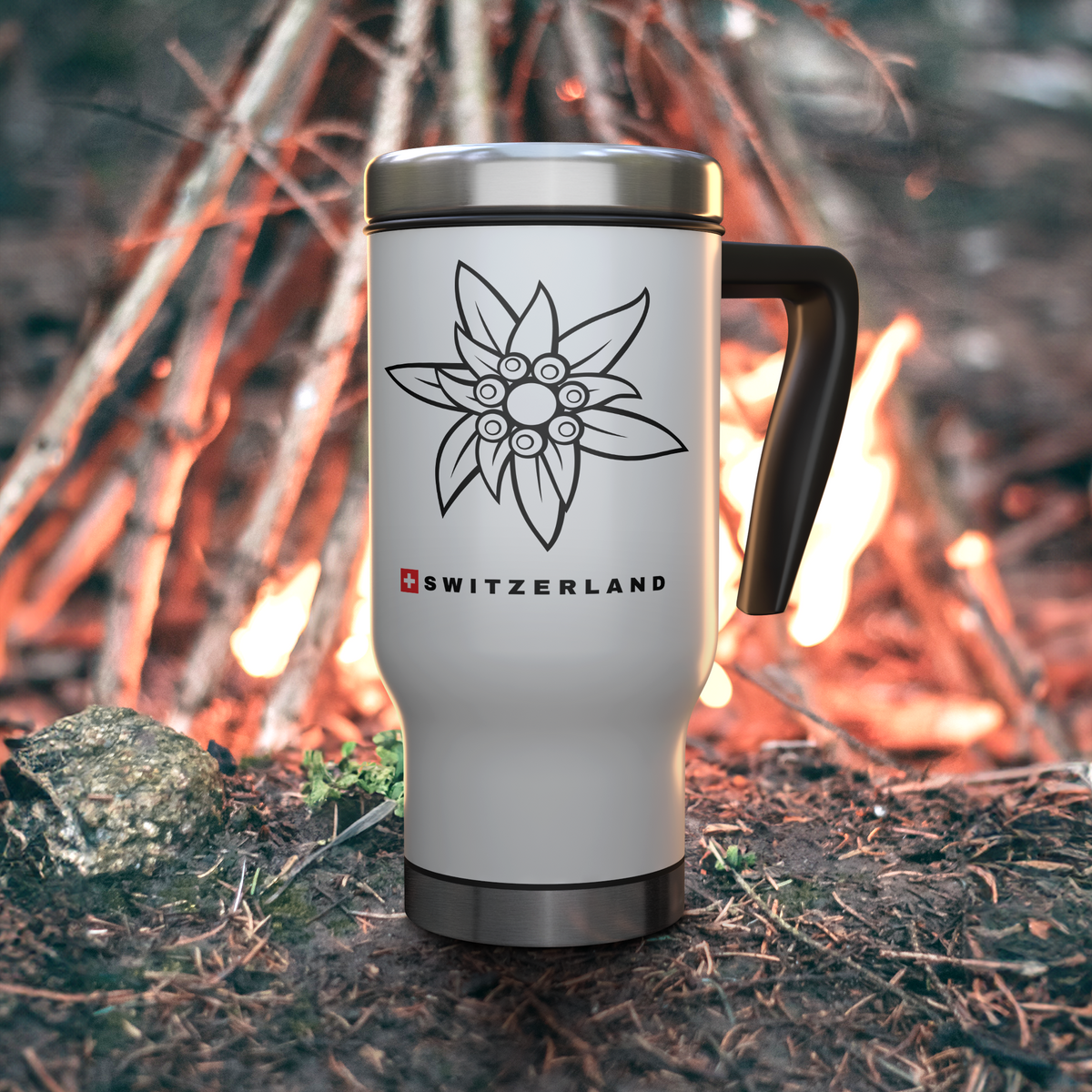 White Edelweiss travel mug with Swiss flag design, right-side view